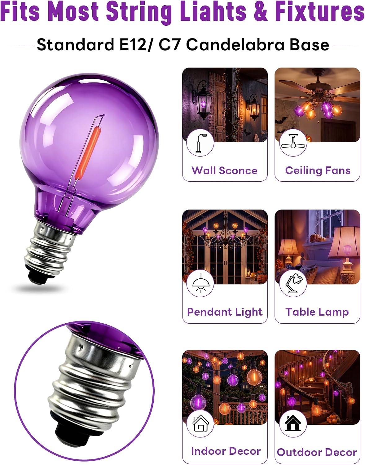 Abeja G40 Purple Orange LED Replacement Bulbs, 0.6W Halloween Bulb Shatterproof Waterproof Outdoor String Lights Bulb for Indoor Outdoor Halloween Patio String Lights, 25 Pack