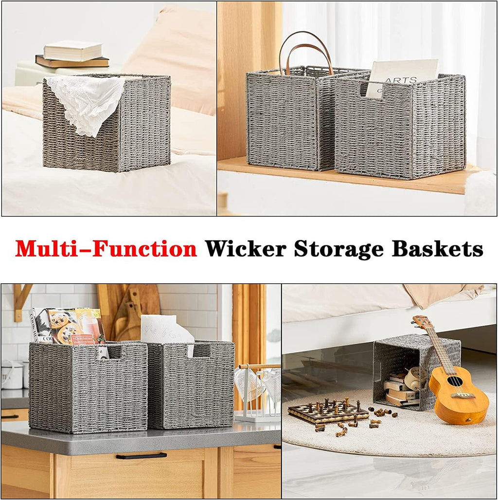 Vagusicc Wicker Basket, Set of 2 Hand-Woven Wicker Storage Basket, Foldable 11 inch Cube Storage Bins, Storage Baskets for Organizing Shelves, Closet Organizers and Storage Bins, Gray (11″×11″×11″)