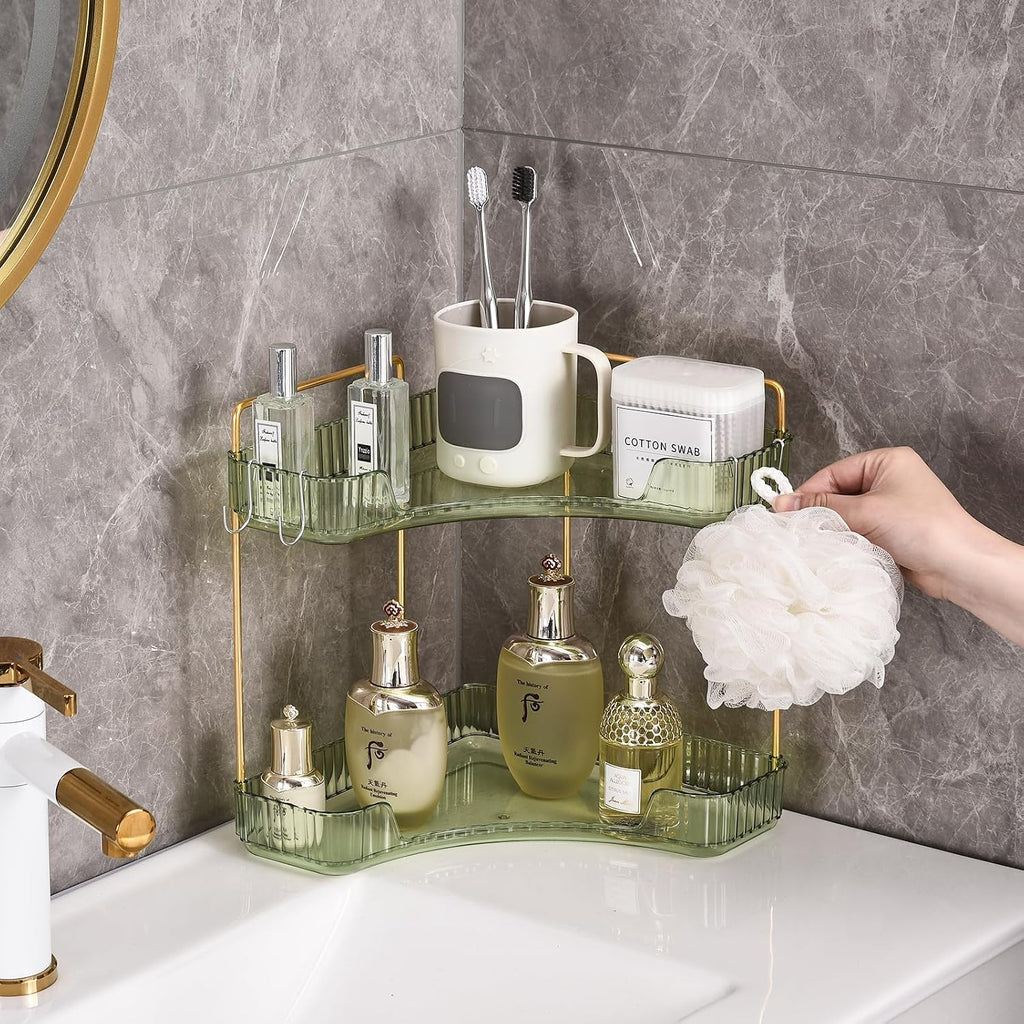 2-Tier Corner Bathroom Organizer Countertop with Hooks, for Makeup, Perfume