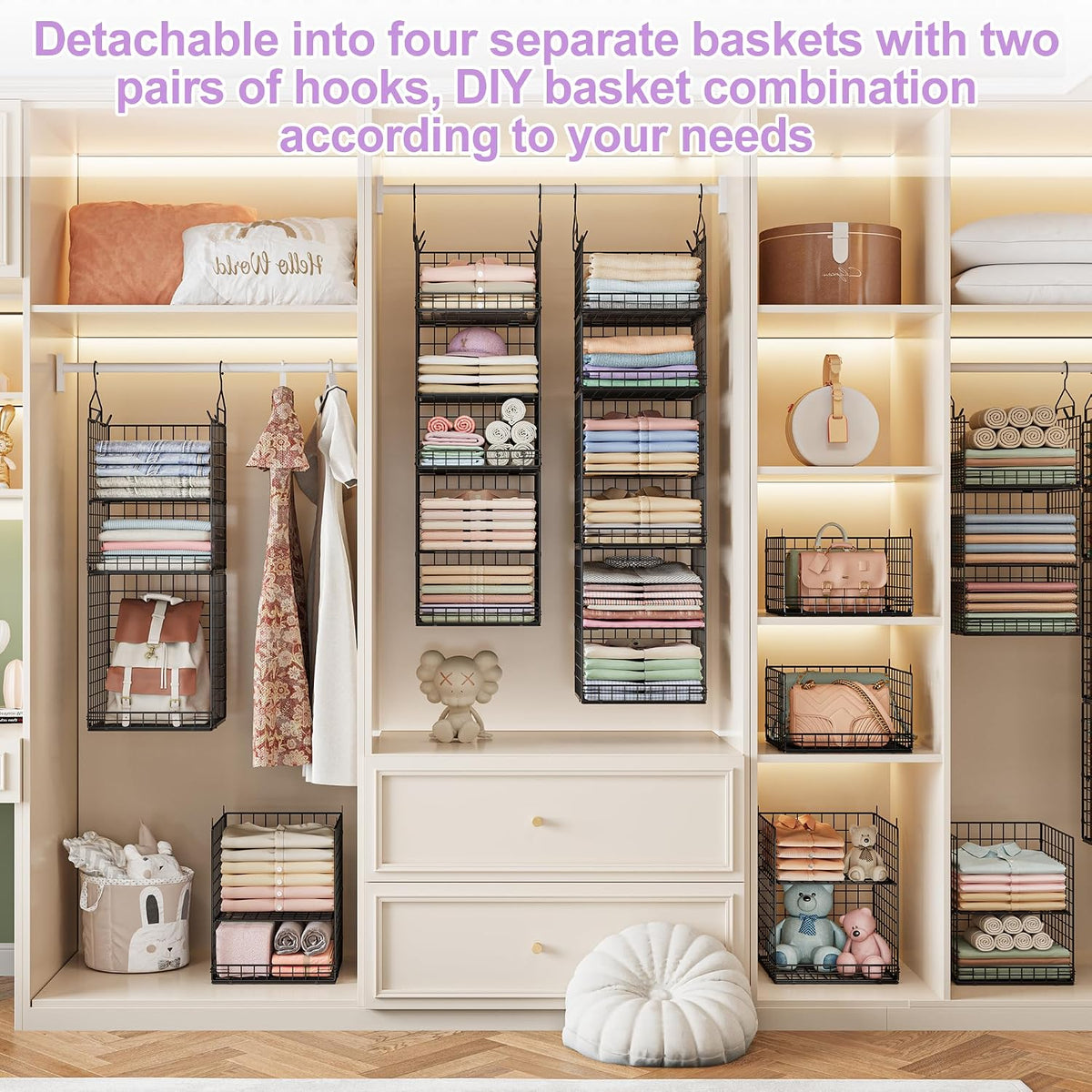 6 Tier Hanging Closet Organizers and Storage Stackable Hanging Closet Shelves with 4 Hooks 2 Adjustable Dividers, Wire Storage Basket Bins for Clothing Purse Sweaters Shoes Socks Dolls, Foldable