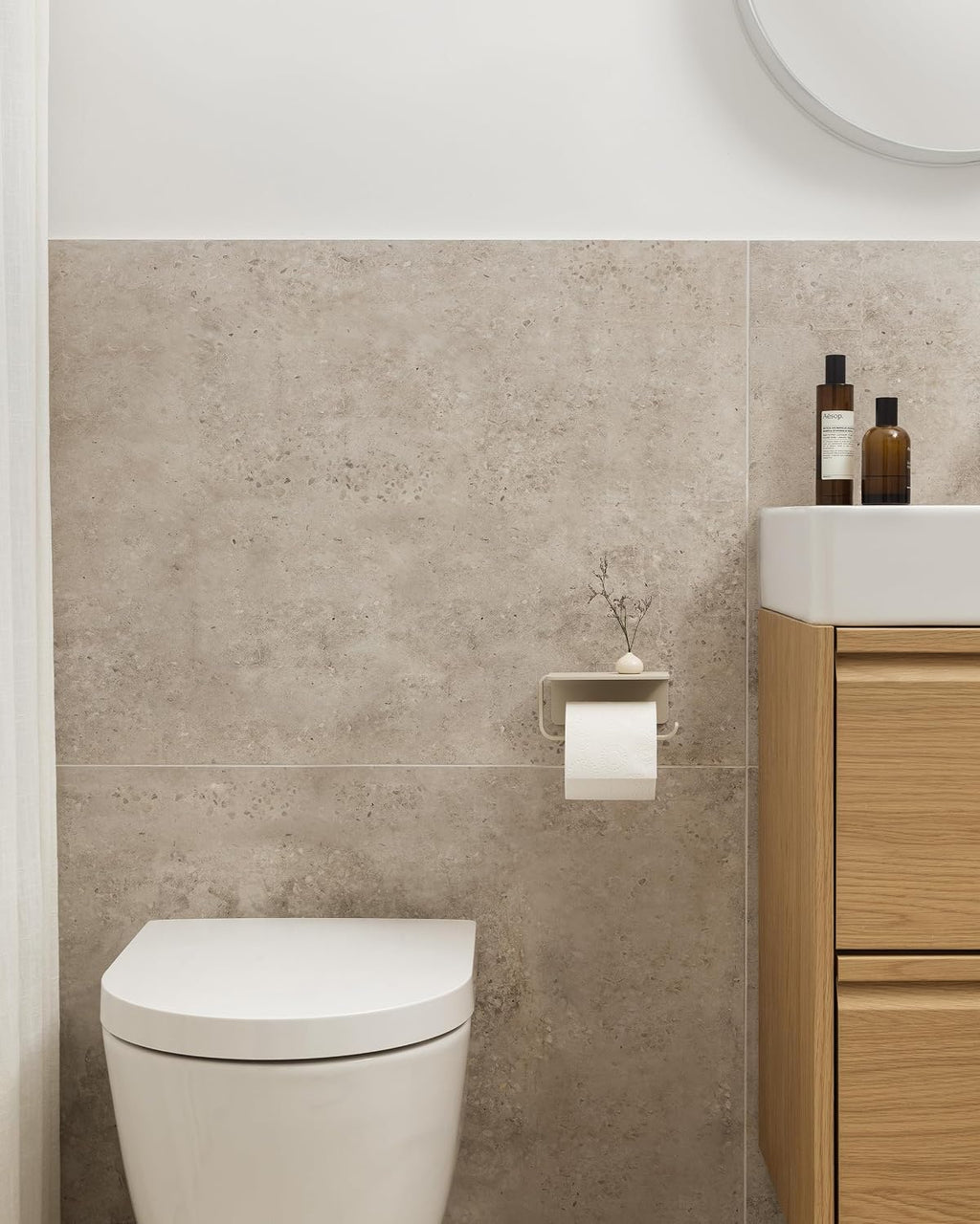 KAZAI. Toilet Paper Holder Wall Mount No Drill | Adhesive Toilet Paper Holder with Shelf | Bathroom Tissue Holder | Metal Toilet Paper Roll Dispenser | Sand Taupe