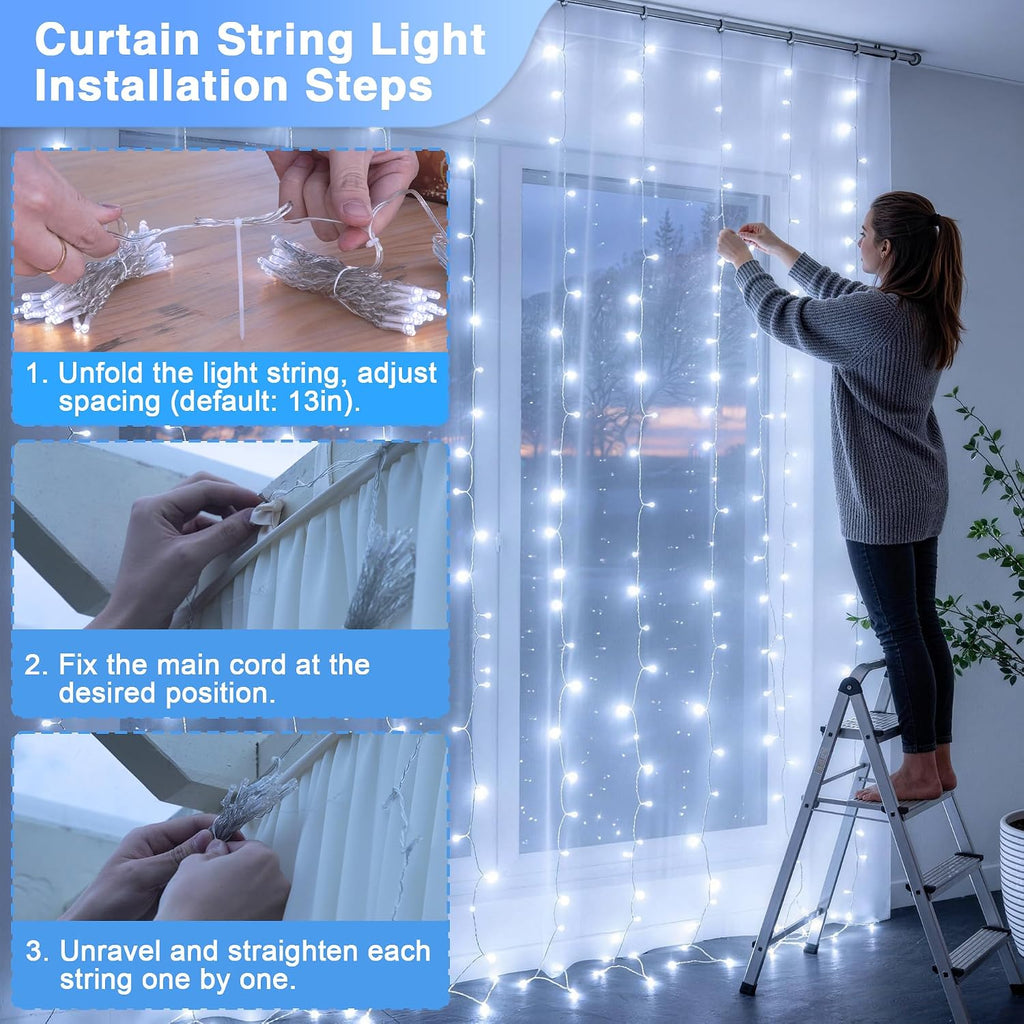 JMEXSUSS 900LED Curtain Lights, White Christmas Lights, 9.5x29.5ft