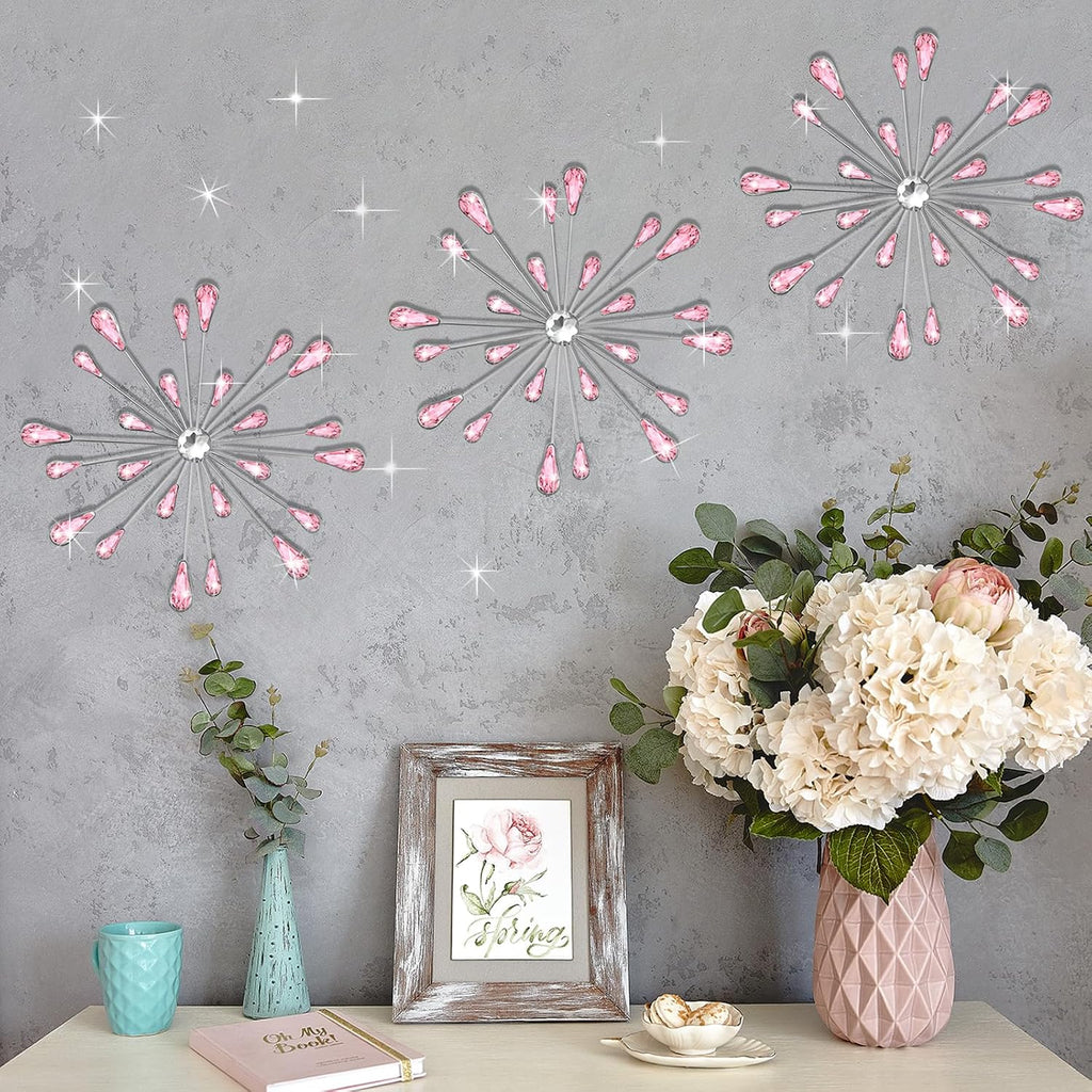 SIYIKRYP Set of 3 Pink Crystal Starburst Wall Decor, 11.8 Inch Modern Metal Sparkling Teardrop Diamond Wall Art, Glam Bling Hanging for Living Room Bedroom Bathroom Home Decor