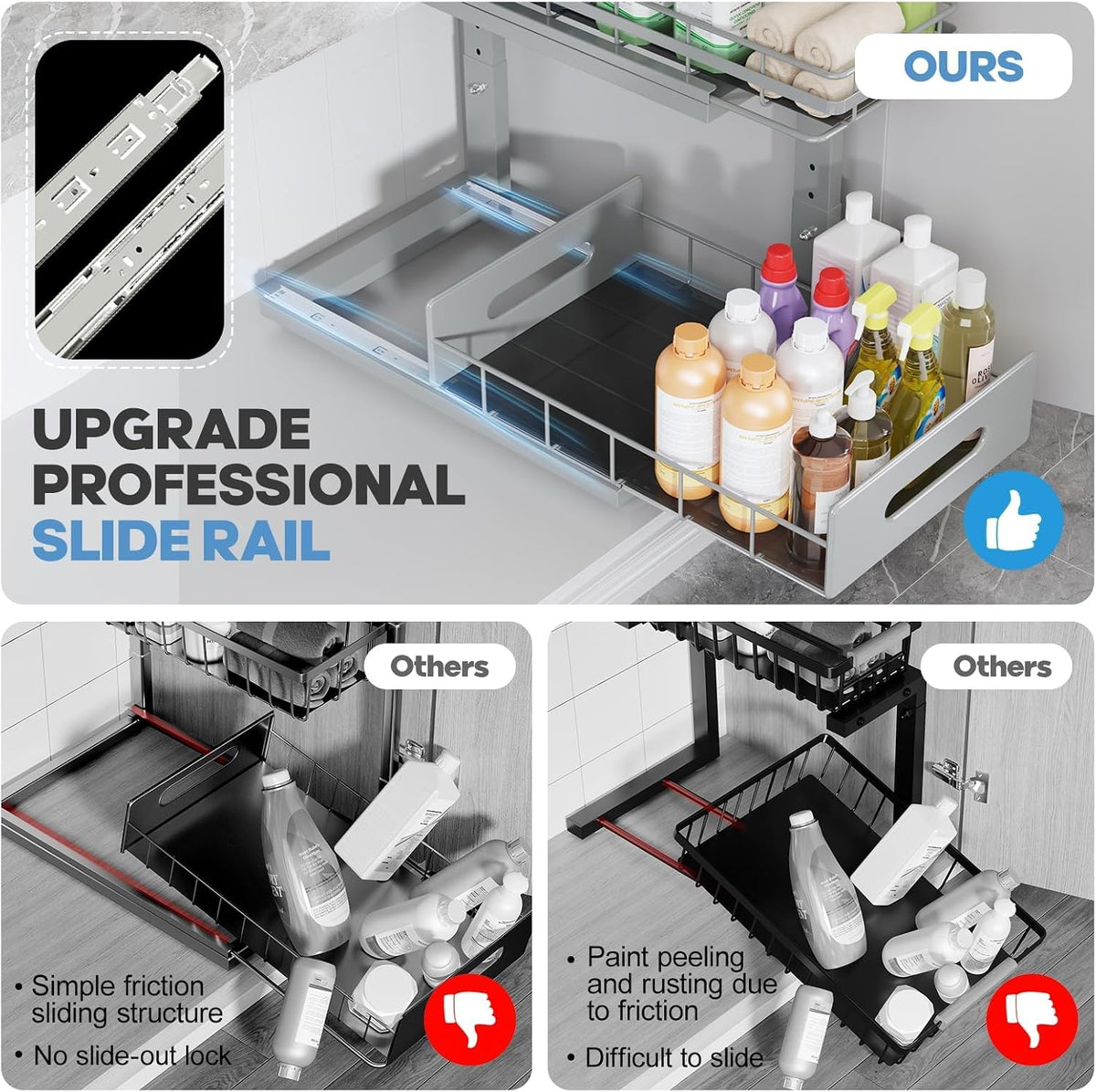Under Sink Organizer Upgrade To Professional Rails,2-Tier Dual Pull Out Cabinet Storage,Height Adjustable Slide Out Drawers For Bathroom Kitchen,2 Pack-14.5"Dx12.8"-16.9"H,Gun Gray