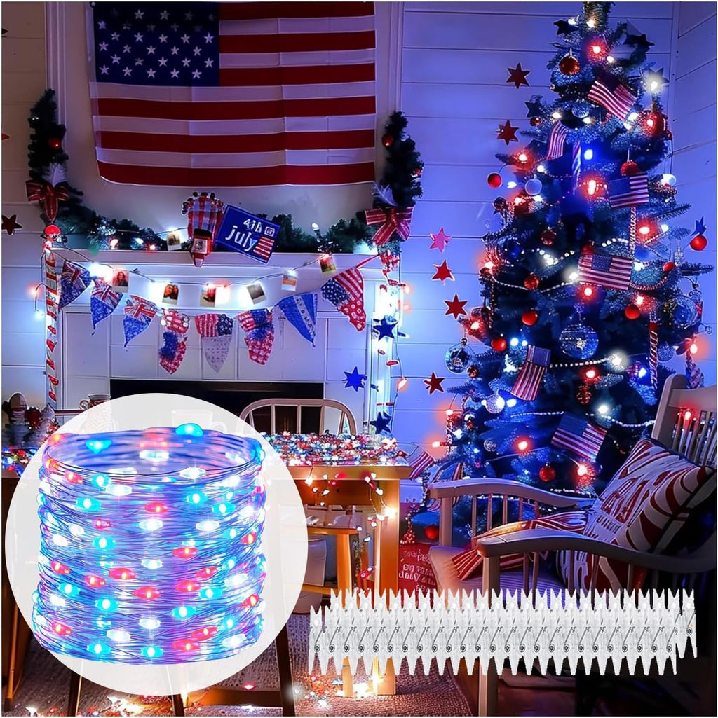 4th of July Lights Red-White-Blue Decorations - 100 LED 50 Photo Clips String Lights Holder 33FT Starry Fairy Lights Hanging Pictures Cards Memos USB Powered&Switch Bedroom Dorm Christmas Decor Tree