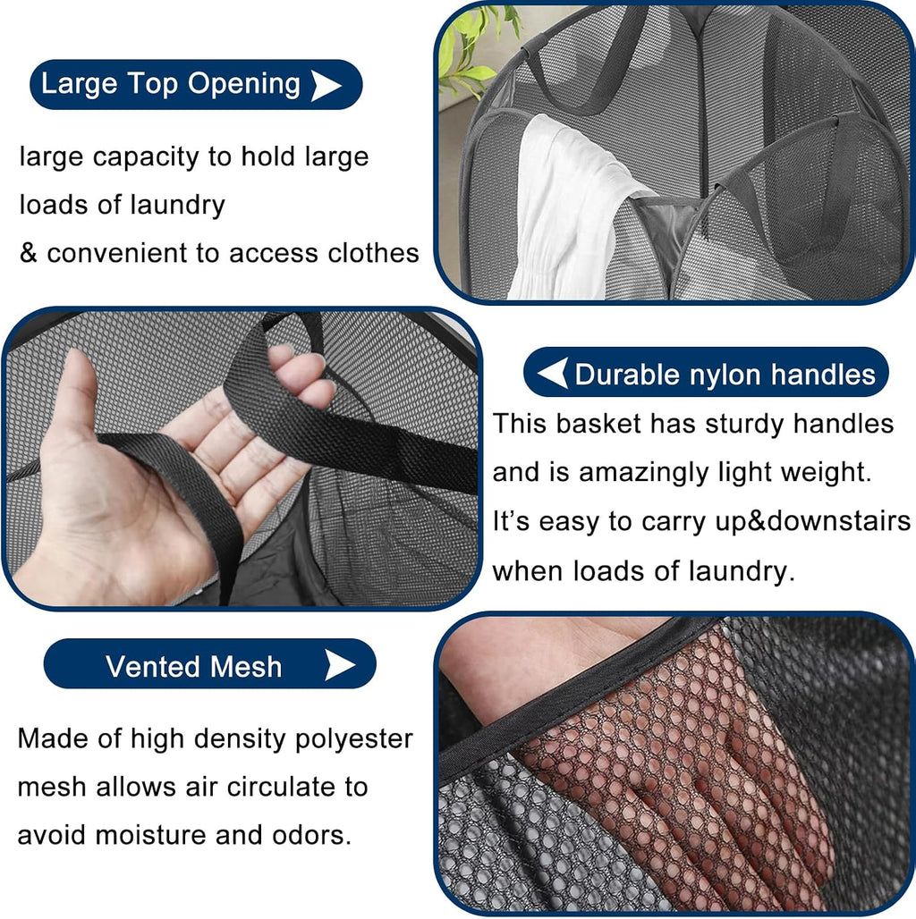 Pop Up Laundry Hamper Pack of 2 Mesh Collapsible Laudry Baskets with Side Pocket and Handles, Easy to Carry for Cruise, Home, Dorms, Laundry Room (Black+Rose red)