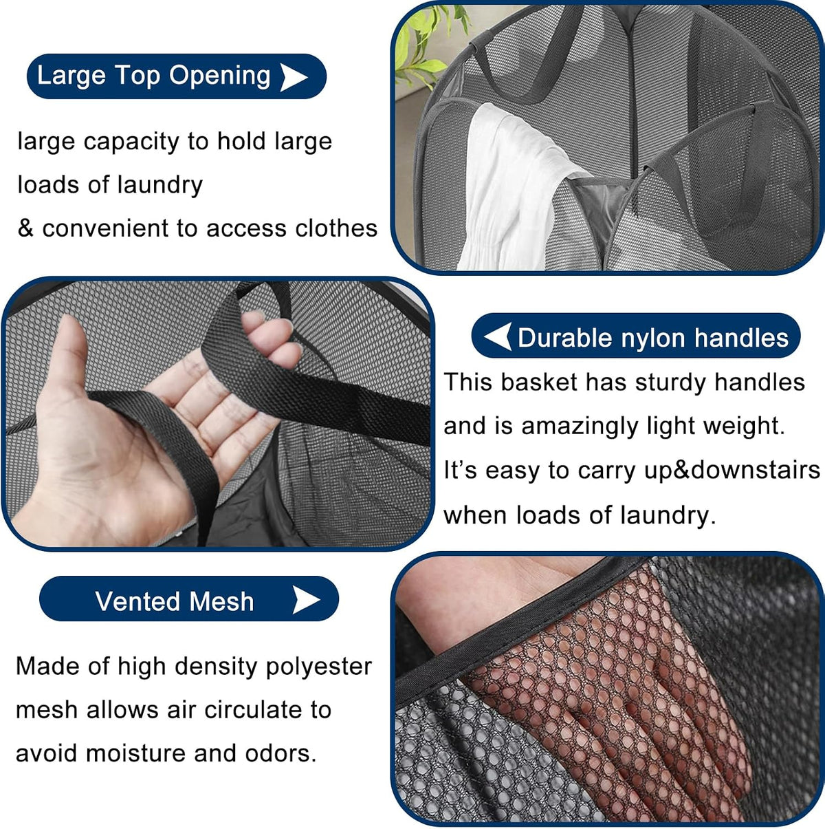 Pop Up Laundry Hamper Pack of 2 Mesh Collapsible Laudry Baskets with Side Pocket and Handles, Easy to Carry for Cruise, Home, Dorms, Laundry Room (Black+Rose red)