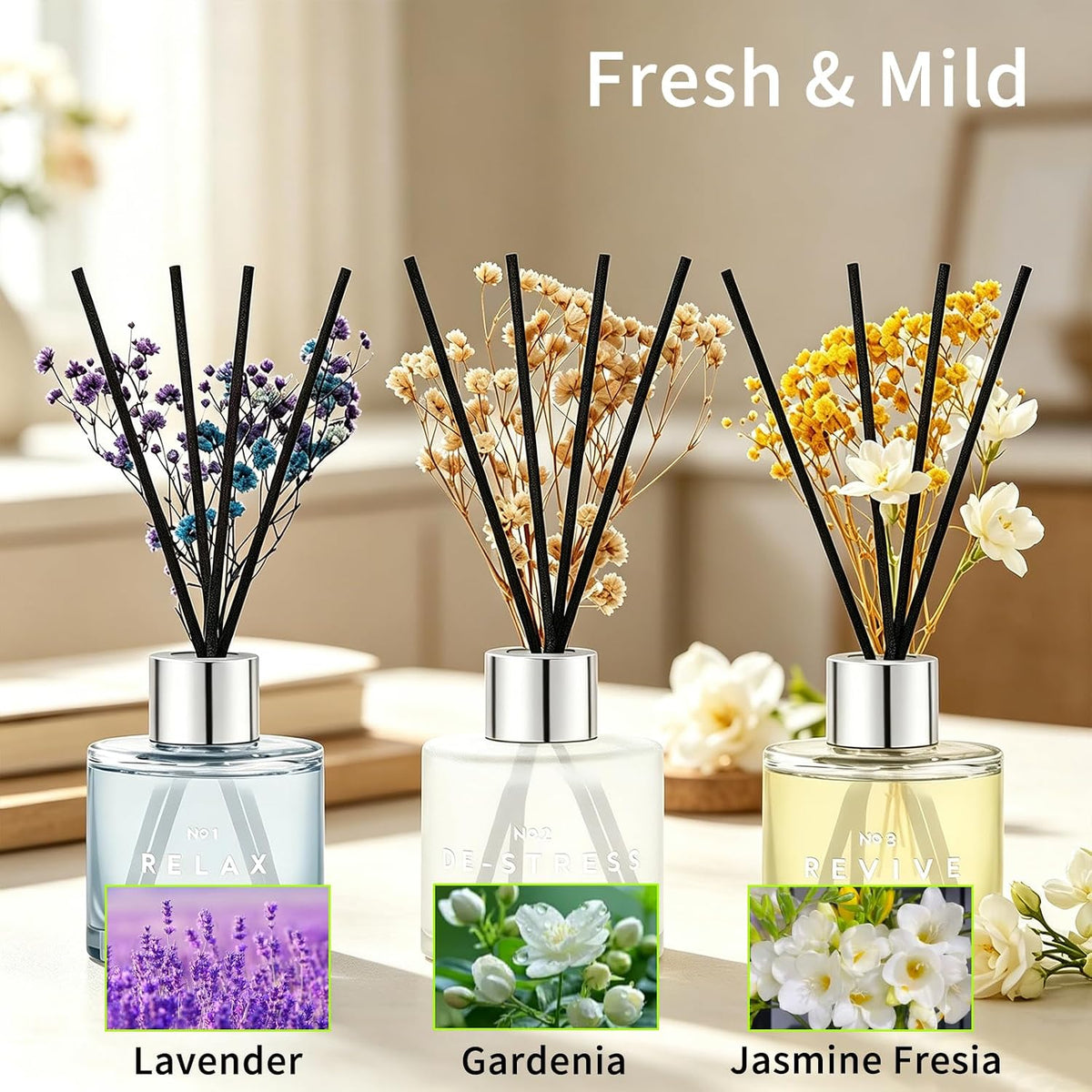 Set of 3 Scent Diffuser with Dry Flowers Lavender Gardenia Jasmine Freesia