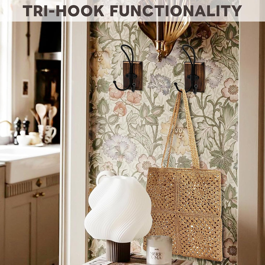 2-Pack Rustic Wood Wall Hooks - Wall Mounted or Adhesive Coat Rack for Bathroom Towels Robes - Farmhouse Modern Decorative Entryway Hangers for Hats Keys Purses Bags, Brown