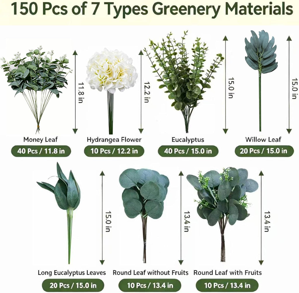 NULLEINS 150Pcs Artificial Eucalyptus Greenery Stems Bulk with Hydrangea