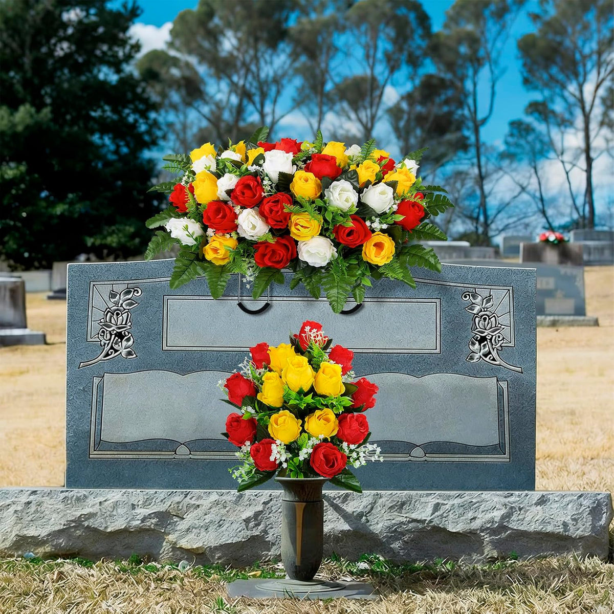 Artificial Cemetery Flowers Saddle Grave Memorial Rose Flowers with Vase for Cemetery Headstones Gravesites Decoration (White&Red&Yellow, 1 Saddle & 2Bouquets with Vase)