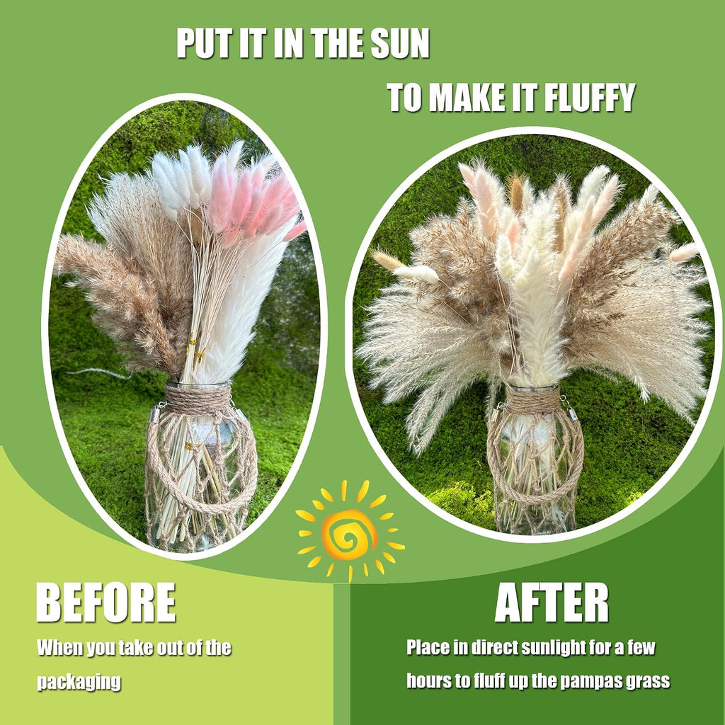 Dried Pampas Grass Decor 107 pcs Boho Home Decor 17 Inch Natural Dried Flower Bouquets, 7 Varieties Per Bouquet, Boho Style, Typically Used for Weddings, Baby Showers, Homes, Rustic Parties and More