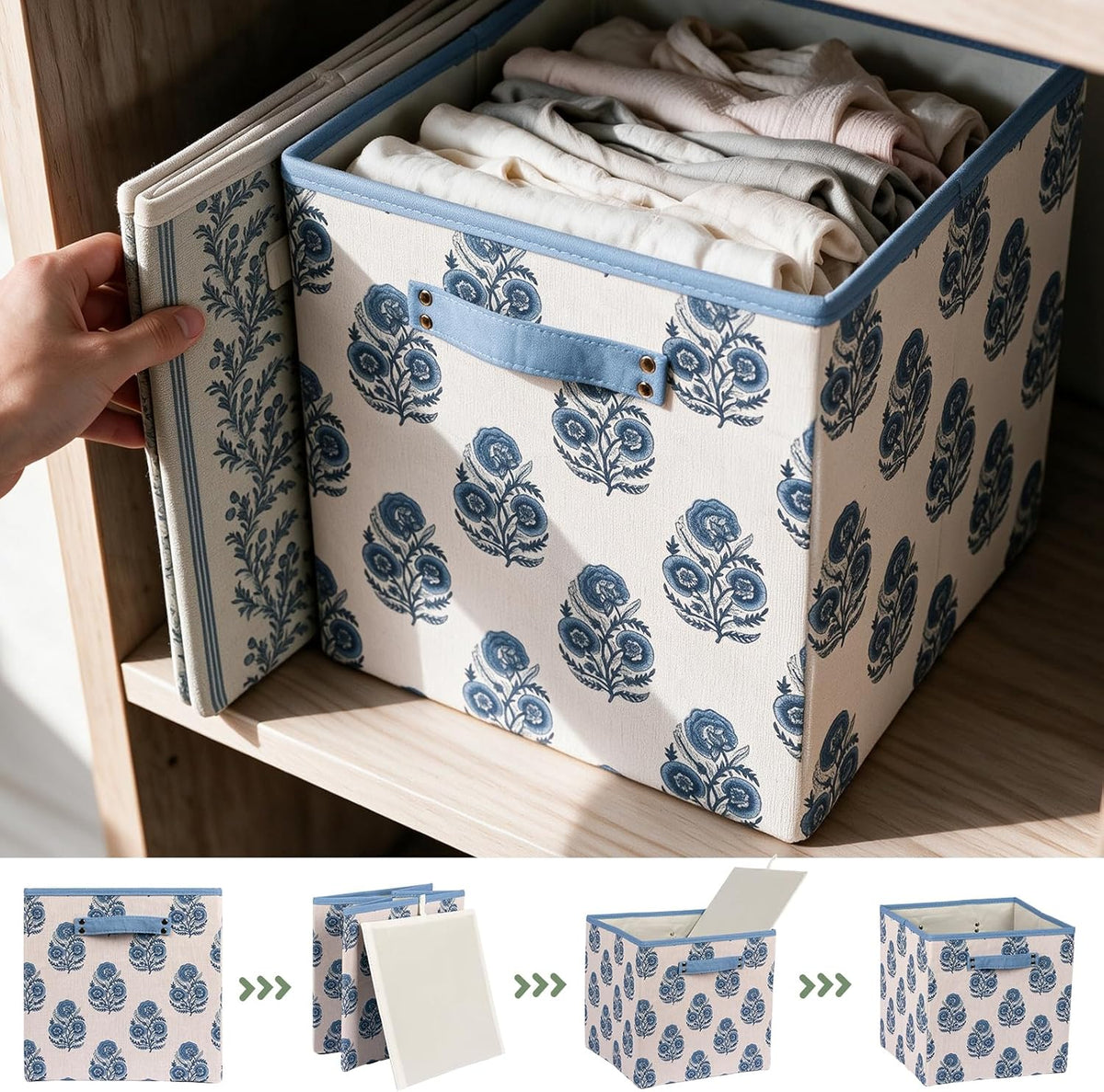 6 Pcs Fabric Floral Cube Storage Bins 11 Inch Flower Storage Basket with Handle, Linen Collapsible Fabric Box for Classroom Bedrooms Office Home Decoration (Blue indian flower)