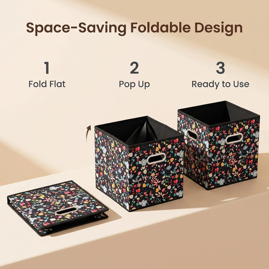 6pcs Black Floral Fabric Storage Cubes Organizer with Handles, Collapsible Sturdy Storage Bins for Organization, 10.5" x 10.5" x 11"