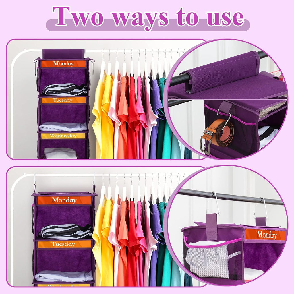 Amylove 2 Pcs 6 Shelf Hanging Weekly Clothes Organizer for Kid,Purple