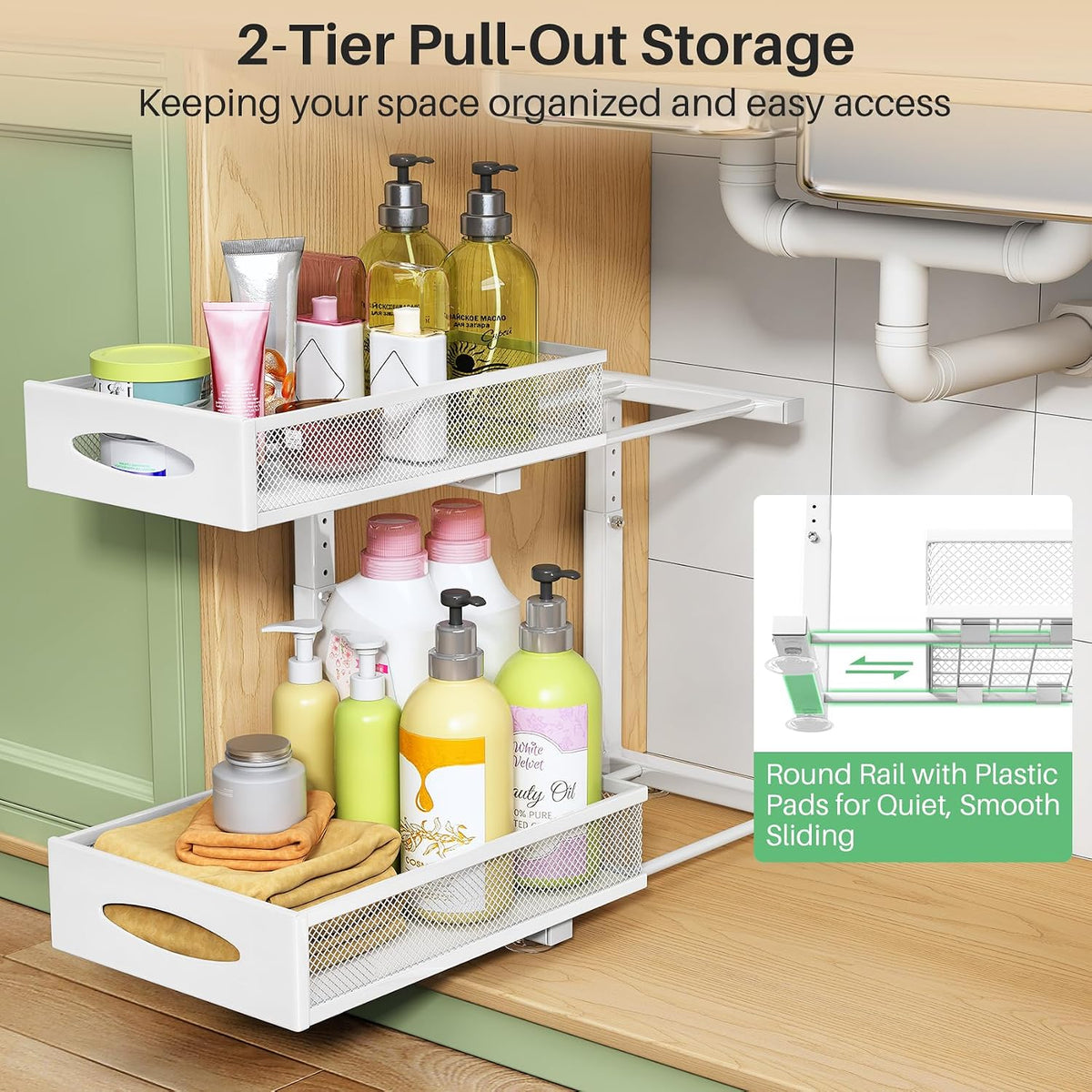 Under Sink Organizer, 2 Tier Pull out Cabinet Organizer Baskets with Mesh Sliding Drawers, Slide out Storage Shelf for Home, Kitchen, Bathroom, Pantry, Office Cabinet(1 Pack, White)