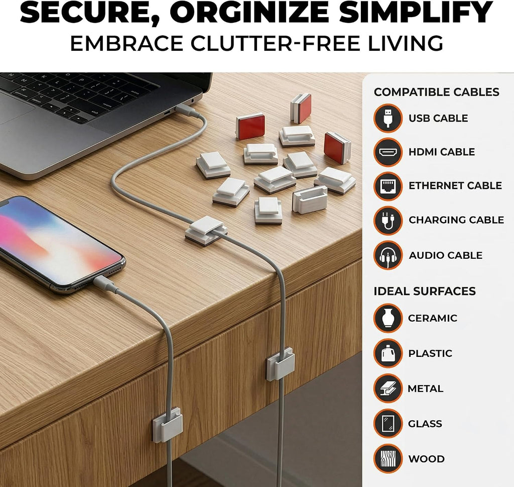 Reluen 100 Pcs Adhesive Cable Clips for Wall, Cord Holder for Wires on Desk