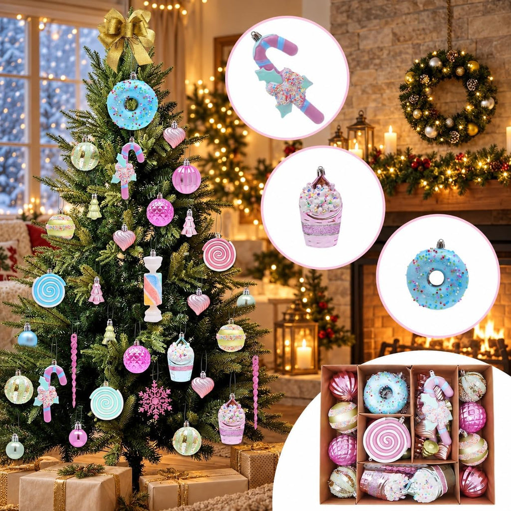 48-Pack Christmas Balls Ornaments,Macaron Shatterproof Christmas Ornaments Set, Xmas Seasonal Cute Hanging Pendants Gift Package for Tree Party Holiday Indoor Decor