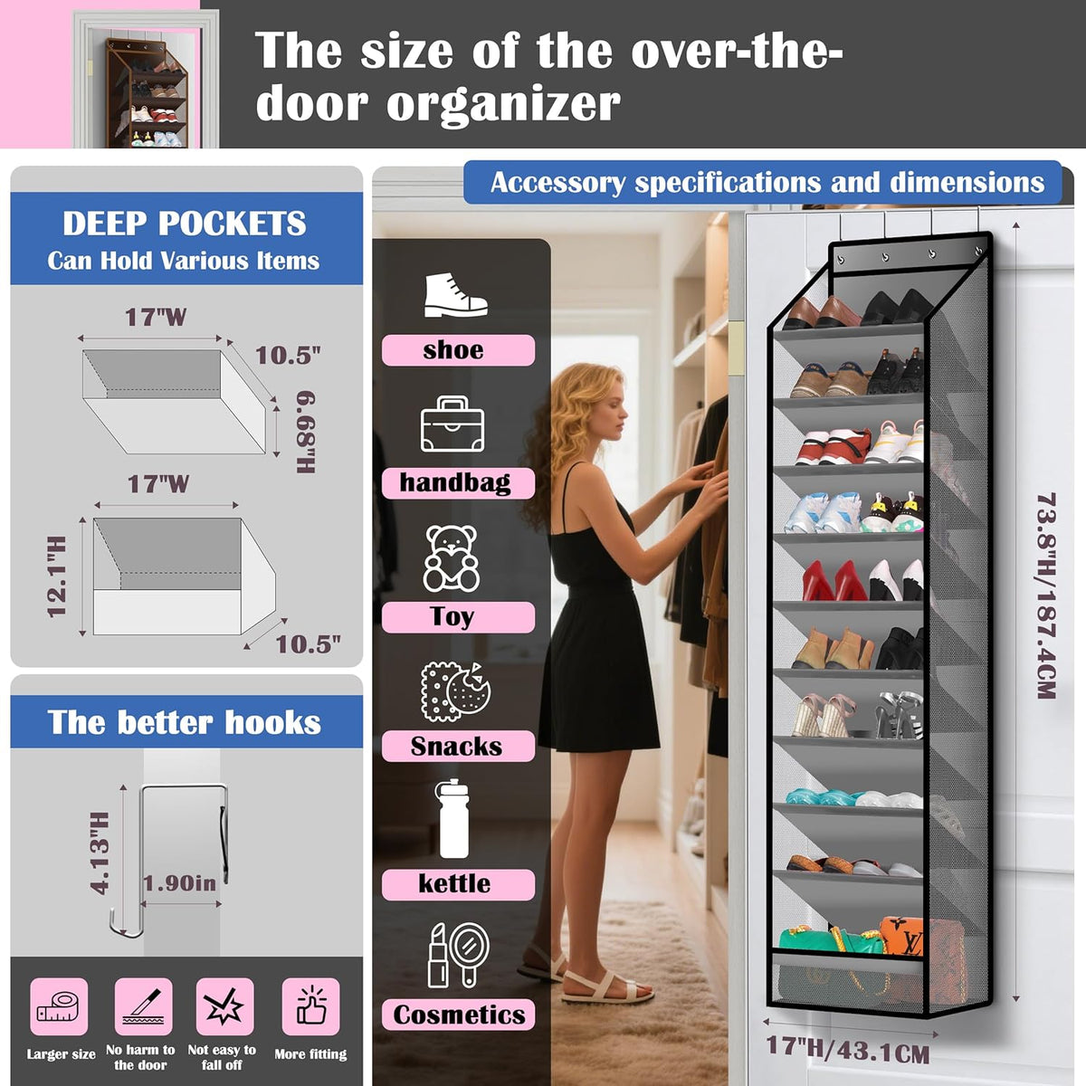 10 - Pocket Over - the - Door Hanging Shoe Organizers & Rack, Made of Sturdy 600D Oxford + Non - Woven Fabric, Space - Saving Storage for Shoes, Boots & More (Gray)