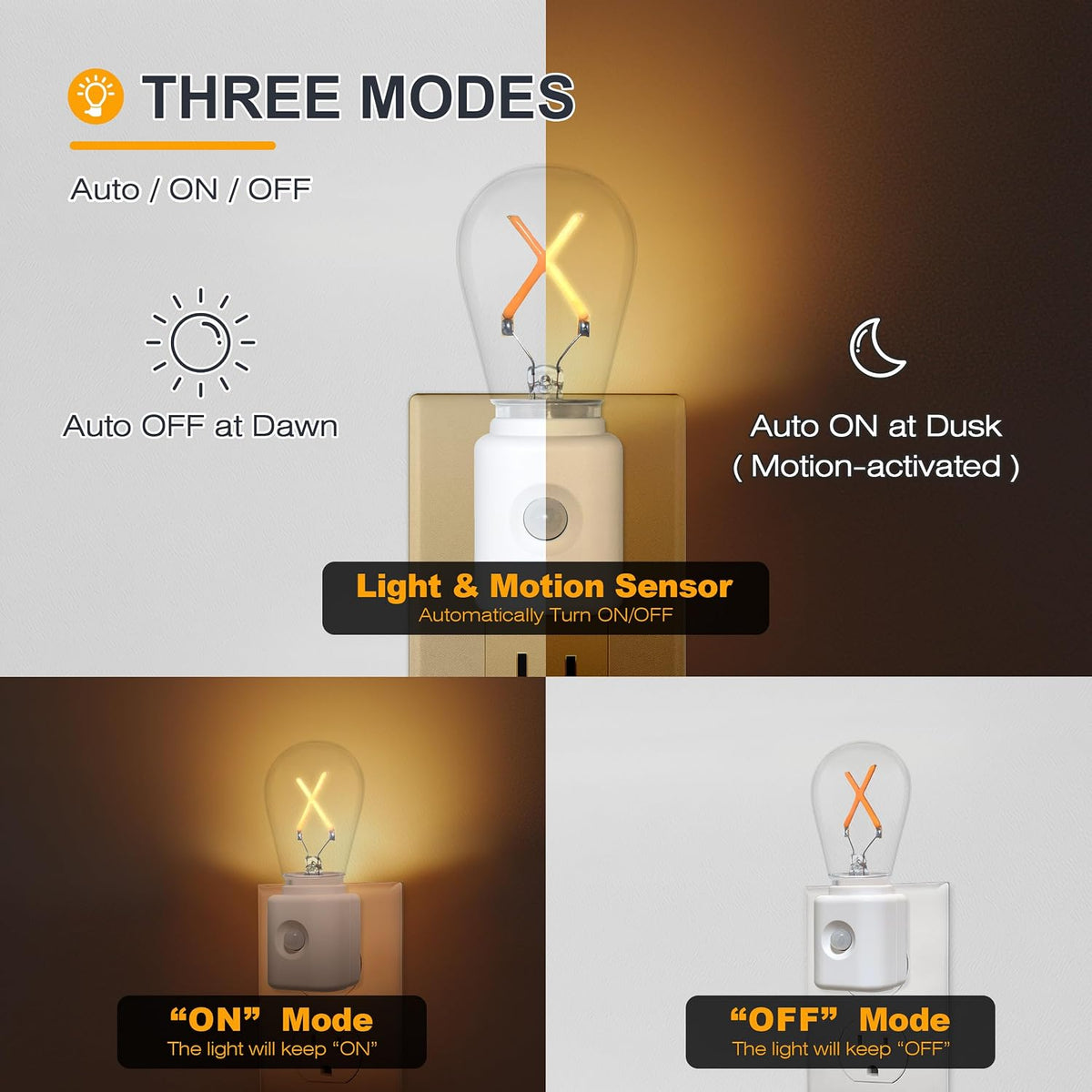 LED Amber Night Light, Night Lights Plug into Wall, LED Night Lights with Motion Sensor, Dimmable 2200K Night Light for Christmas, Holiday Decor, Hallway, Bedroom, 2-Pack
