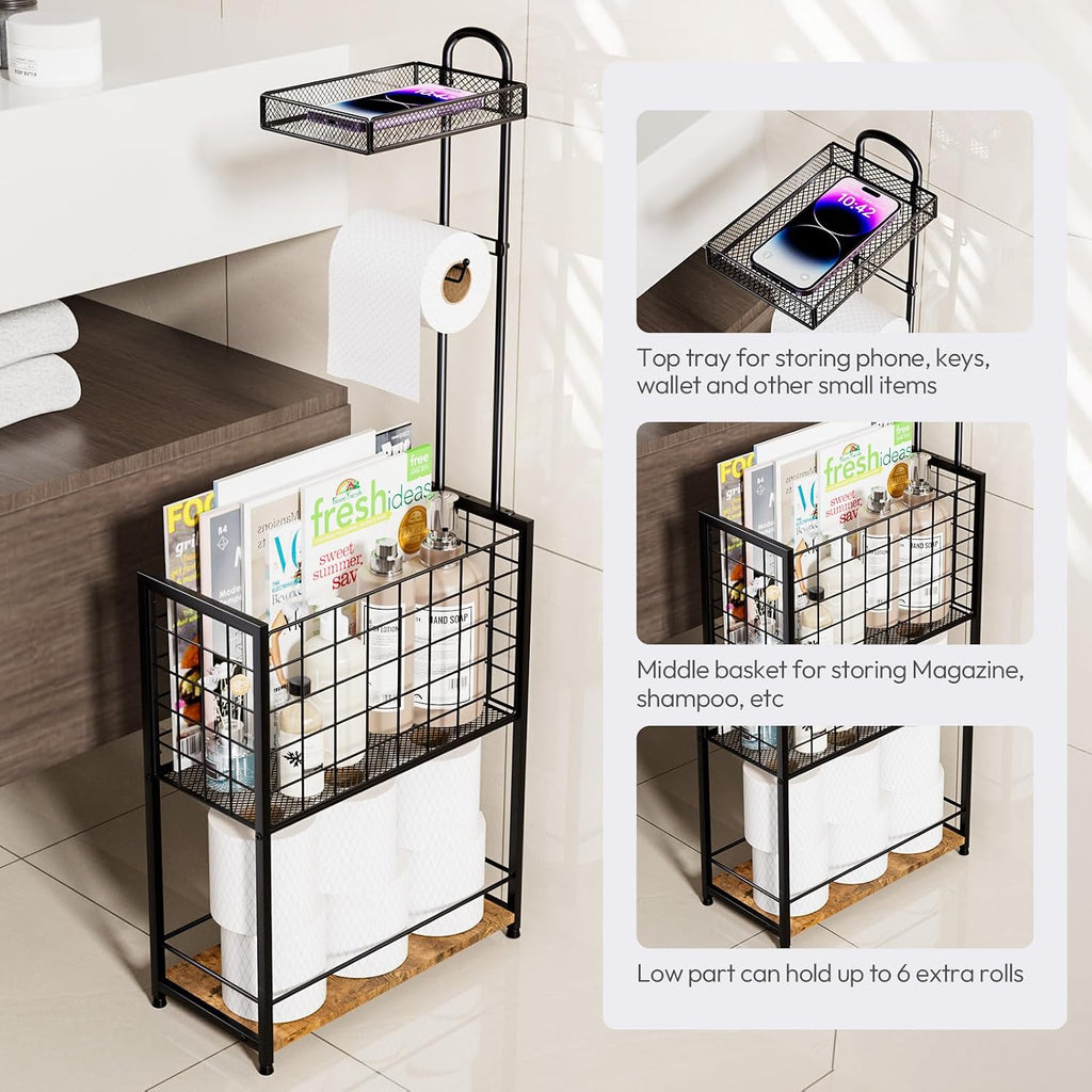 SWTYMIKI Freestanding Toilet Paper Holder - 4-Tier Free Standing Toilet Paper Holder Stand with Large Basket, Stand Mega Roll Storage Rack for Extra Rolls, Magazines, Wet Wipes, Black