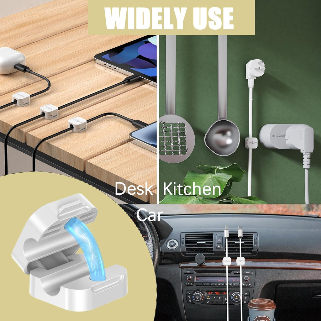 [9 Pack] Magnetic Cable Clips, Easy to Adjust, Enhanced Adhesive Wire Organizer, Desk Cable Management, Mini Holder for Wire Or Cable Clips for Home, Office, Car, Desk, Nightstand (White-9 Pack)