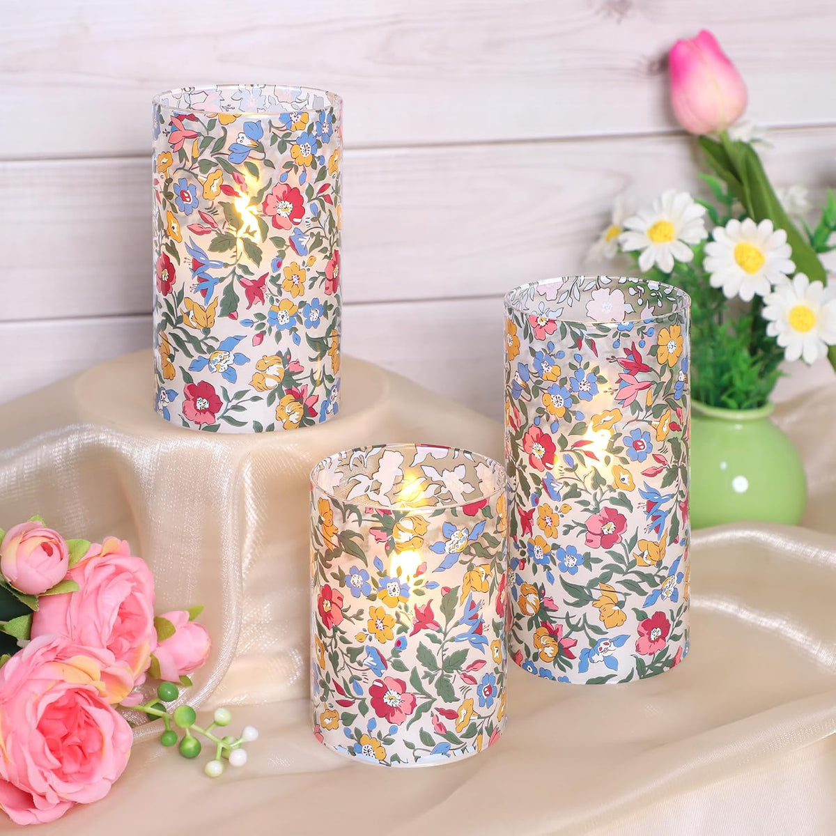 Floral Glass Flameless Candles with Remote, Spring Wildflower Design LED Candles, 3D Wick Flickering Battery Operated Candles for Home Decor, Bedroom, Wedding, Table Centerpiece