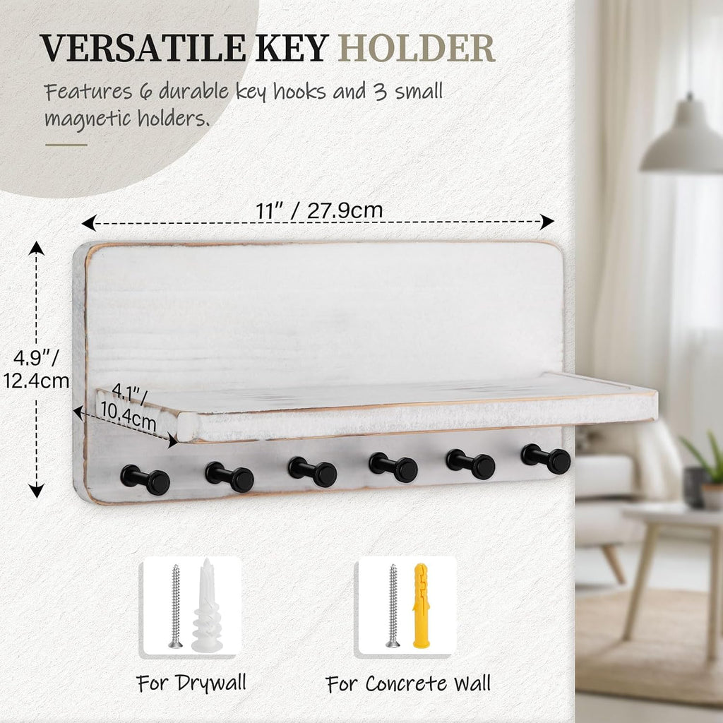 Nekon Key Holder for Wall with Shelf, Pine Wooden Key Hanger, Rustic White