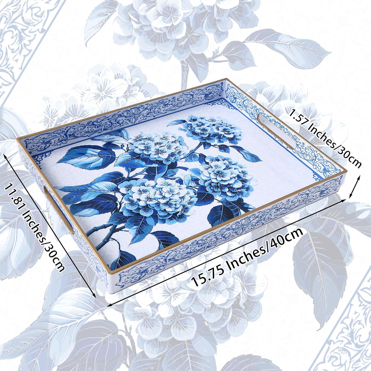 Serving Tray with Handles, Rectangular Plastic Tray 15.75x11.81 Inch, Decorative Tray for Kitchen, Dining Table, Vanity, Office & Home (Blue Hydrangea, 15.8" x 11.8" x 1.6")