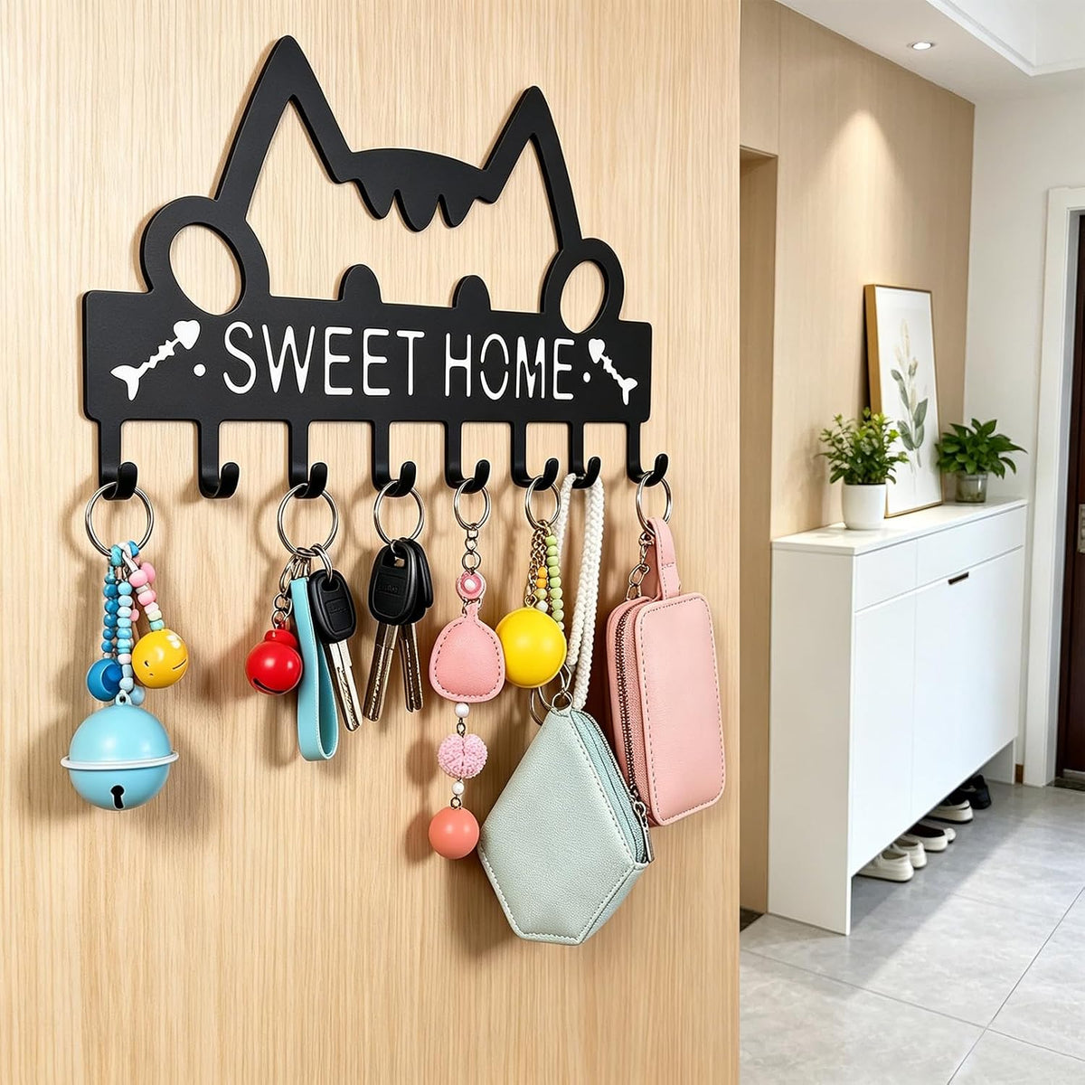 8 Hooks Entryway Wall Key Holder, Metal Key Rack Wall Mount for Keys, Bags and Leashes, Decorative Organizer for Entryway, Mudroom or Hallway, Sweet Home Design, 11 x 6.3 Inches, Black
