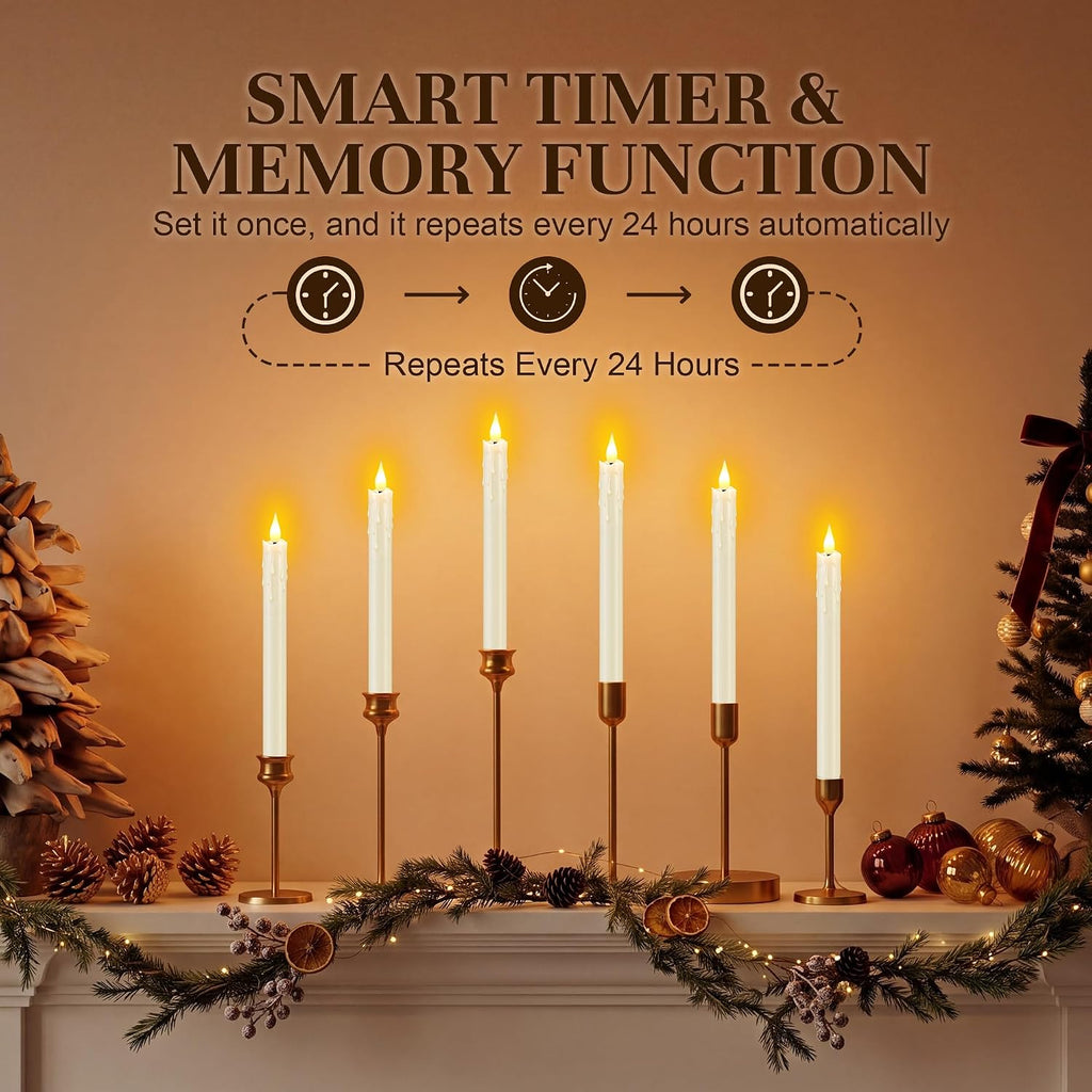 Enhon 6 Pack Flameless Taper Candles with Remote & Batteries, 10" Ivory LED Candle Sticks, 3D Wick & Wax Drip Design, 624+ Hour Battery Operated Candles for Home, Wedding & Christmas Decor