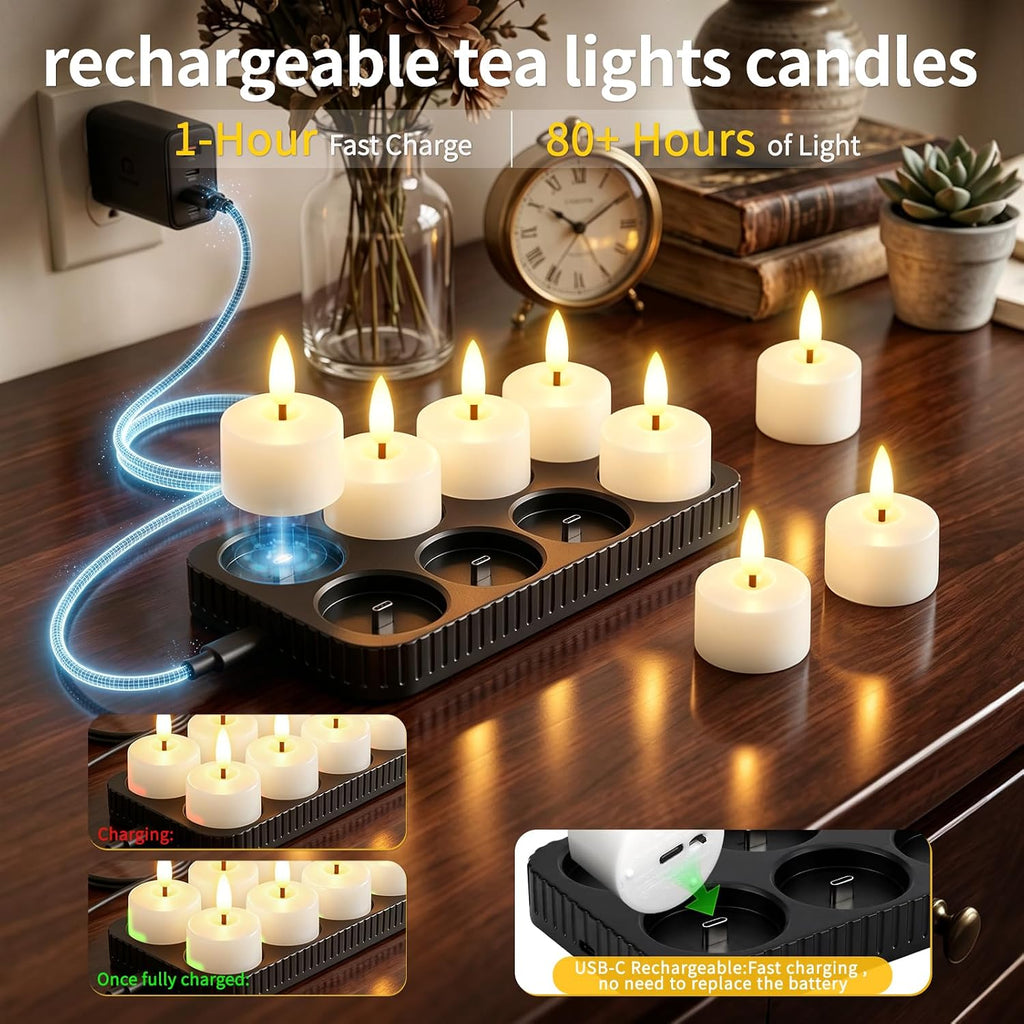 Rechargeable Flameless Candles with Remote Timer & Charging Base (8 Pack)