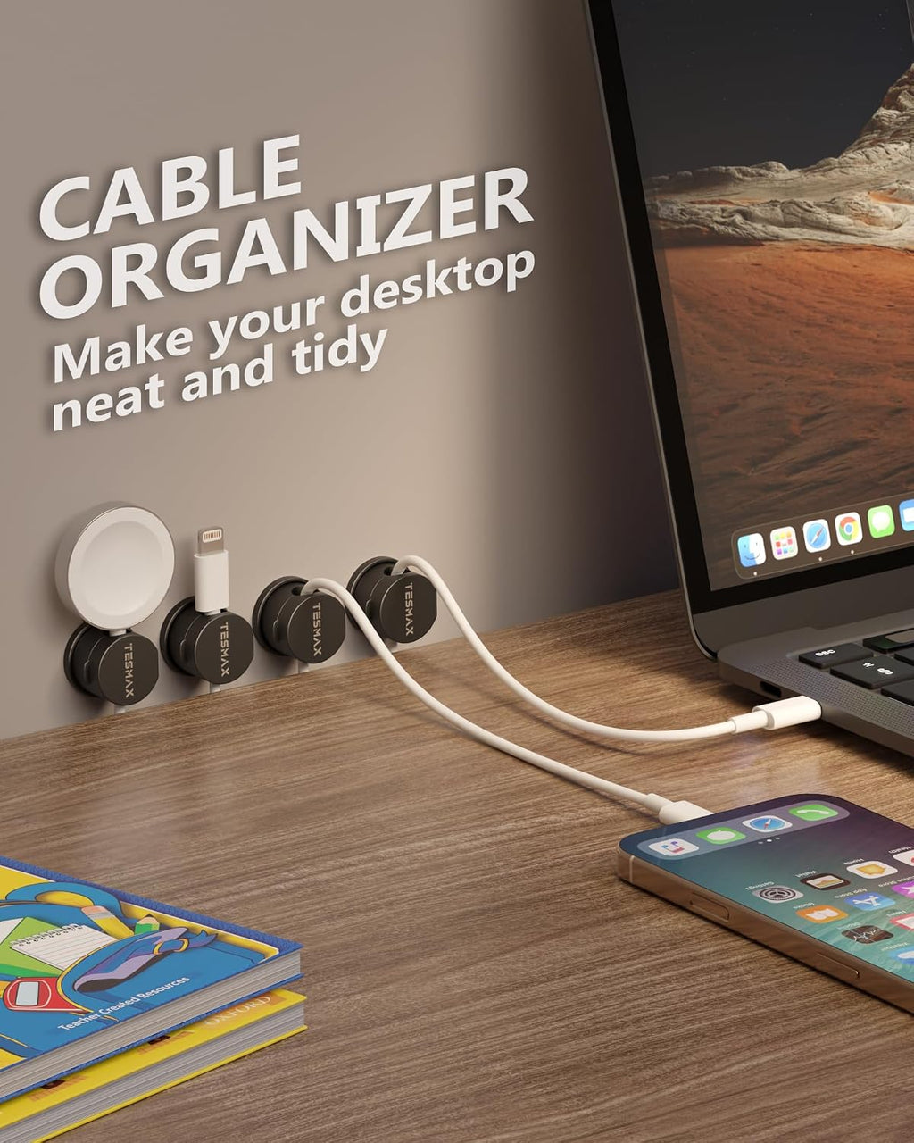 6Pack Magnetic Cord Holder 360° Rotating, 1s Lock Adhesive Desk Organizers