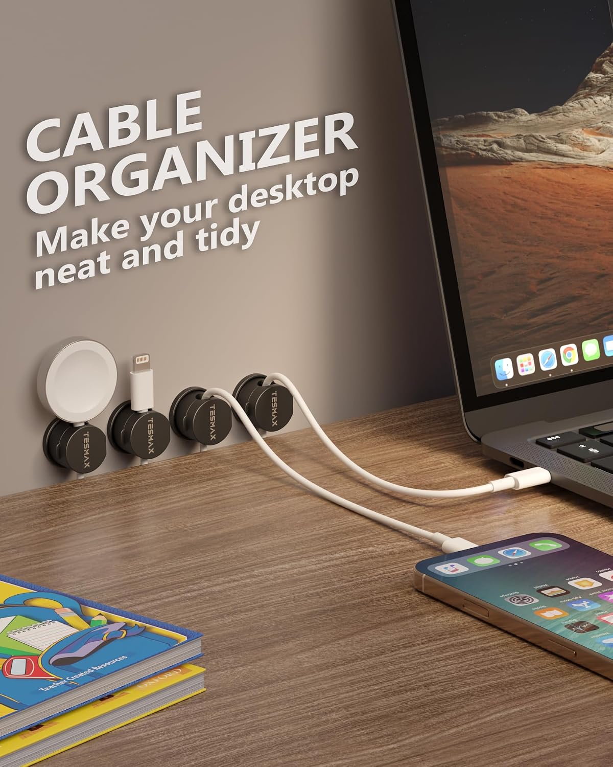 6Pack Magnetic Cord Holder 360° Rotating, 1s Lock Adhesive Desk Organizers