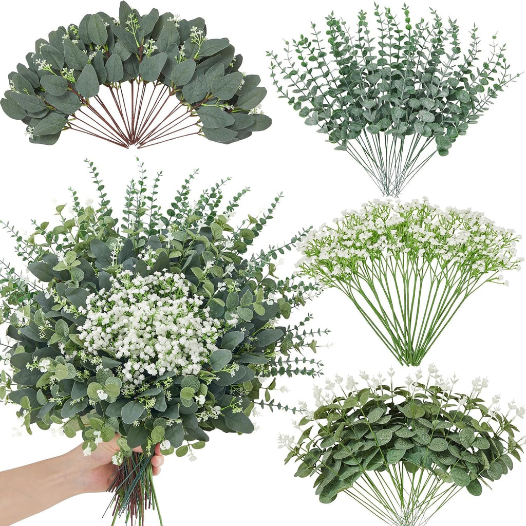 120 Pcs Artificial Eucalyptus & Baby Breath Greenery Stems