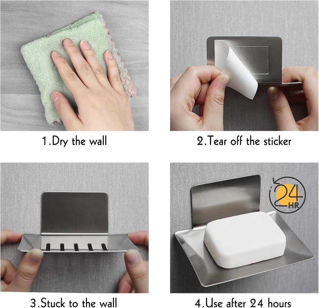 Soap Dish for Shower Wall, Stainless Steel Adhesive Soap Holder for Bathroom, 5 Slot Sponge Holder for Kitchen Sink, Bar Soap Tray with Drain Silver