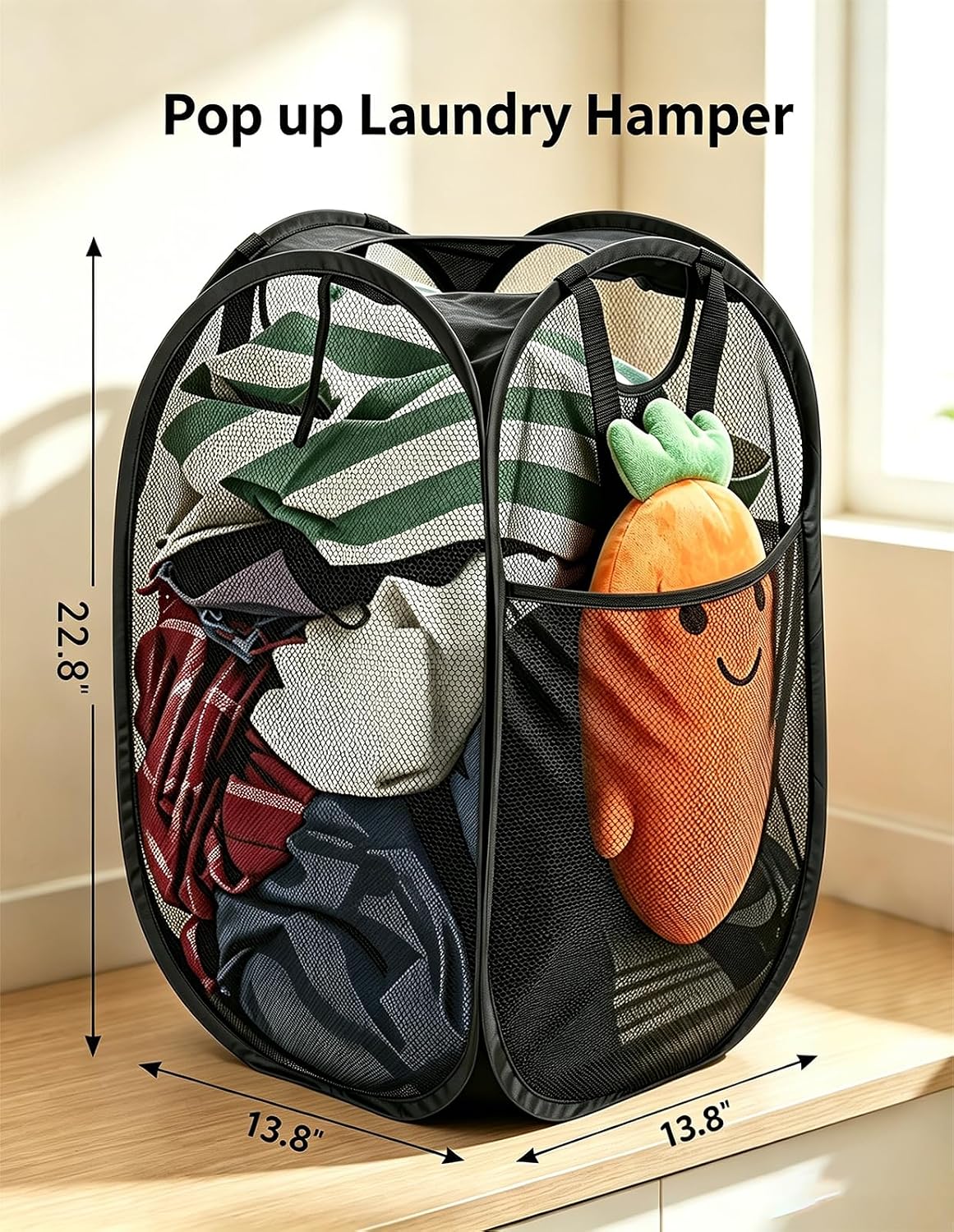HOUSE AGAIN Strong Mesh Pop Up Laundry Hamper, 70L Collapsible Laundry Basket with Steel Frame, Double‑Stitched Handles & Side Pocket, Foldable Dirty Clothes Hamper for Dorm, Bedroom, Black