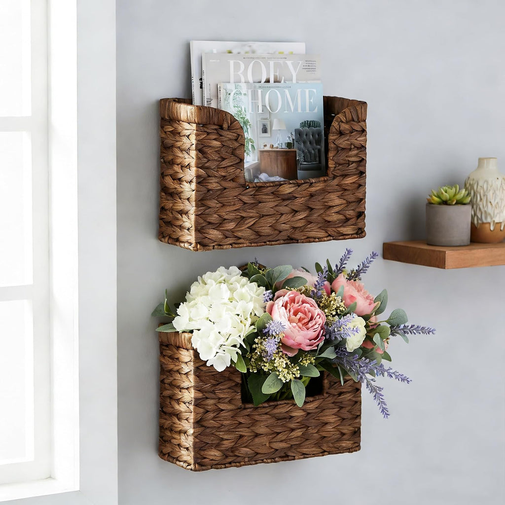 Set of 2 Magazine Holder Wall Basket Water Hyacinth Woven Mail Organizer, Wicker Wall Hanging Baskets for Magazines, Letters & Storage Decorative Mail Holder, Magazine Rack, Hanging Basket, Coffee