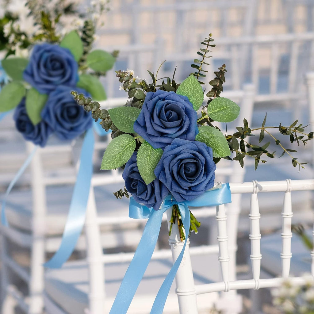 Mocoosy 50Pcs Roses Artificial Flowers, Navy Blue Fake Roses for Decorations, Real Touch Foam Rose Bulk with Stems DIY Wedding Bouquet Bridal Shower Centerpieces Floral Arrangement Party Table Decor