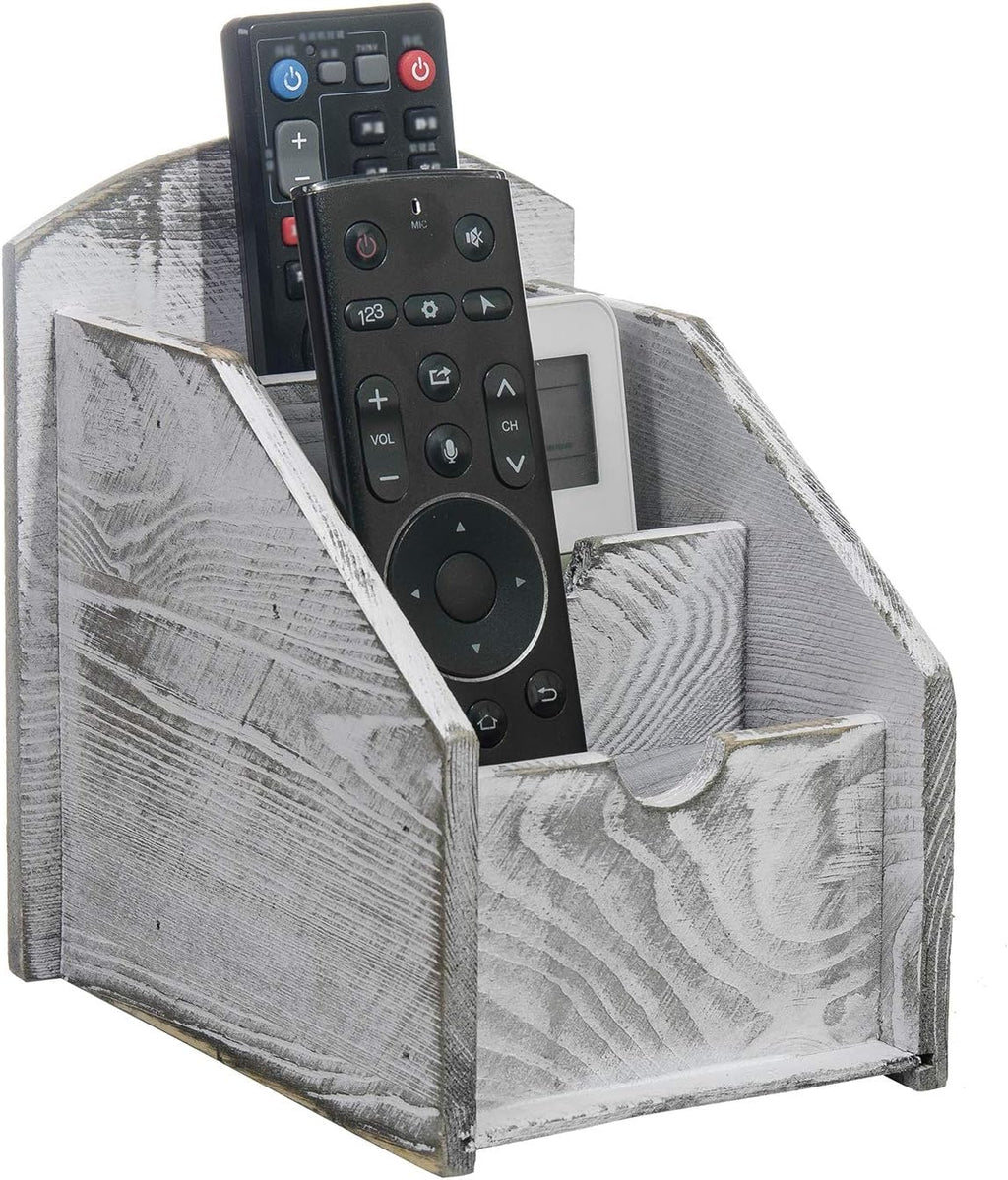 3 Slot Rustic Wooden Remote Control Frame Media Organizer, Office Supply Storage Rack,Pen storage box (Grey)