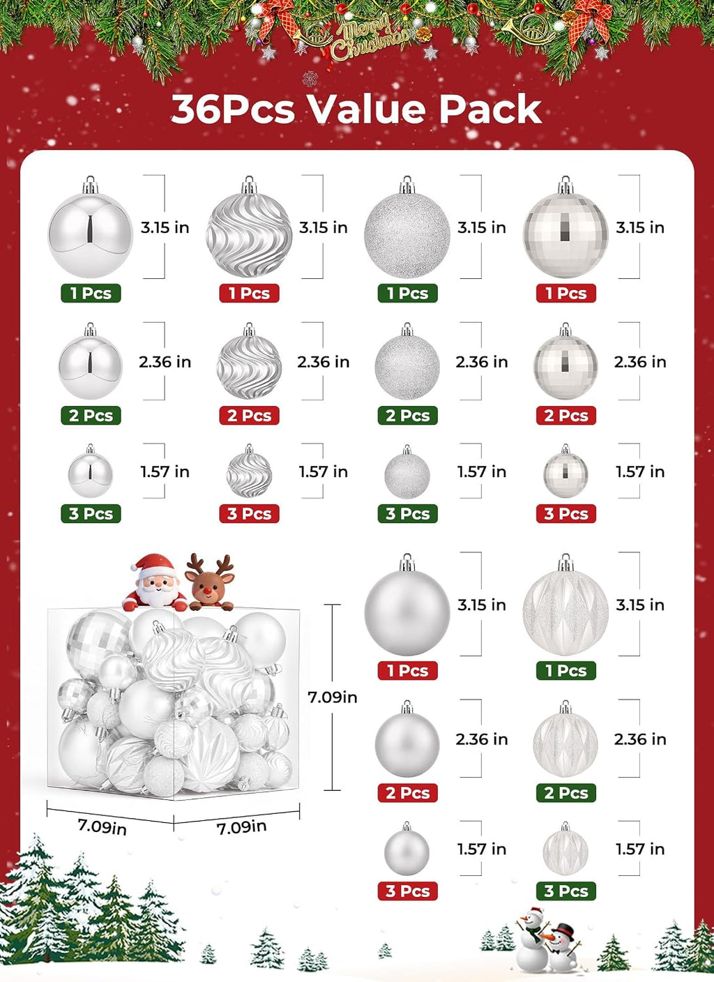 Brightown 36‑Pack White Shatterproof Christmas Tree Ball Ornaments Set