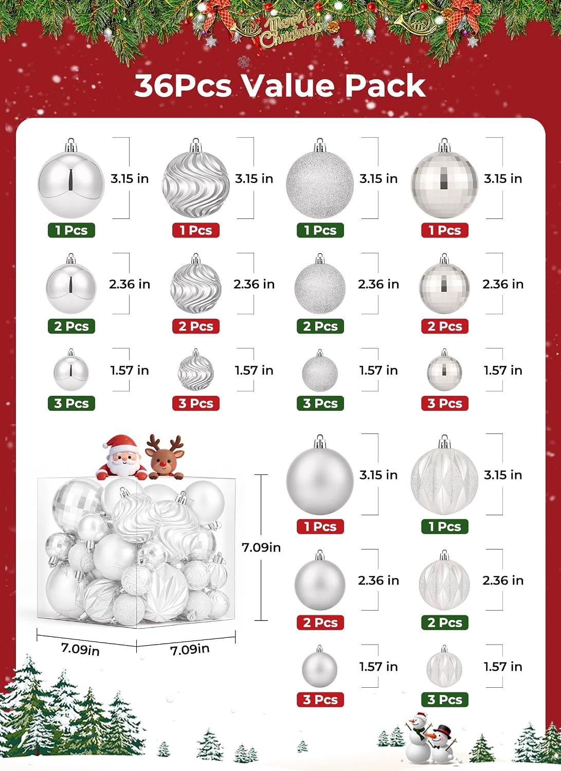 Brightown 36‑Pack White Shatterproof Christmas Tree Ball Ornaments Set