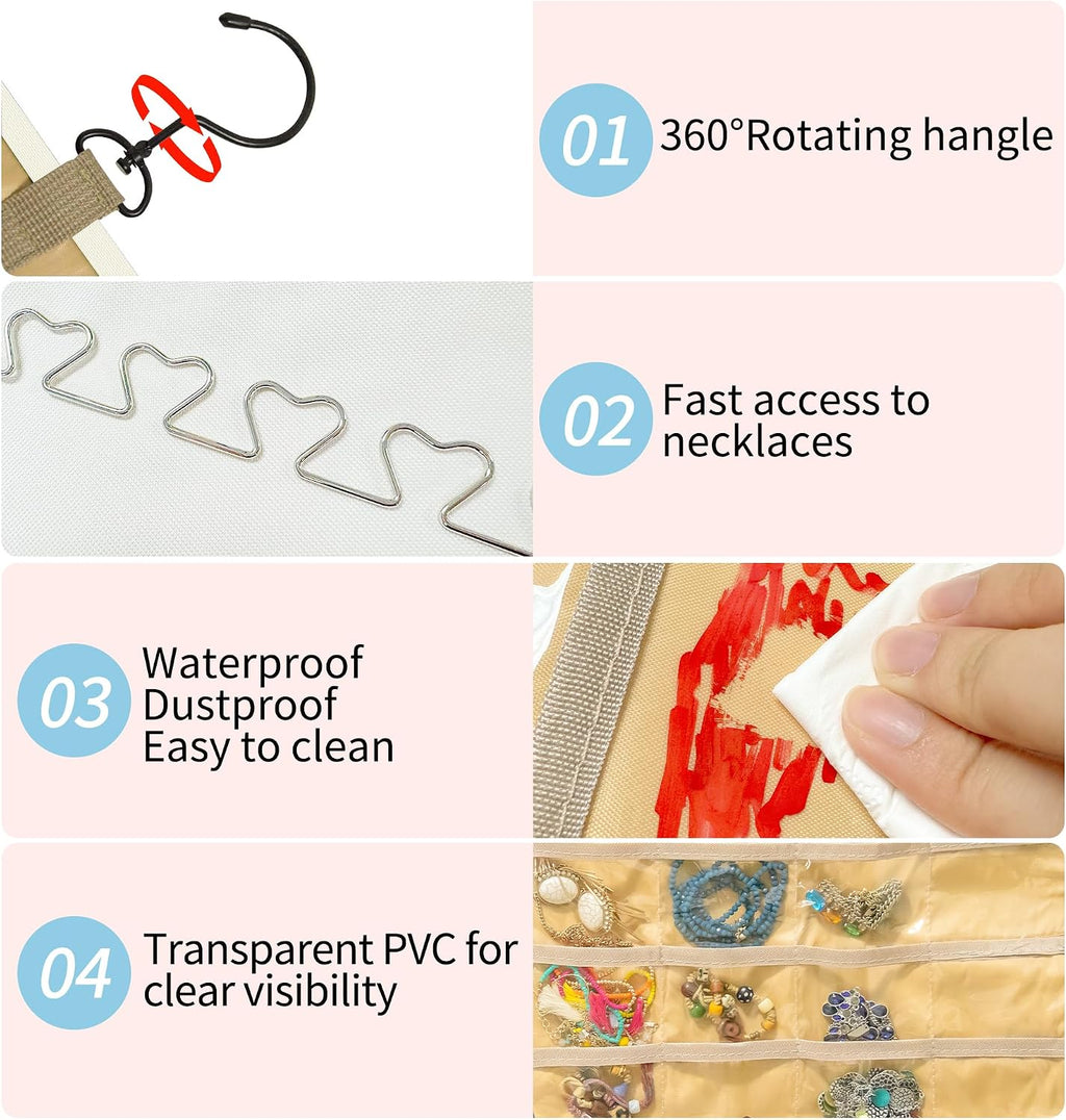Bloss Hanging Jewelry Organizer with 48 Pockets, Double-Side Hanging Jewelrys Holder with Hanger Hooks, Jewelry Organizers and Accessories Storage for Earrings, Necklaces and Rings,Beige