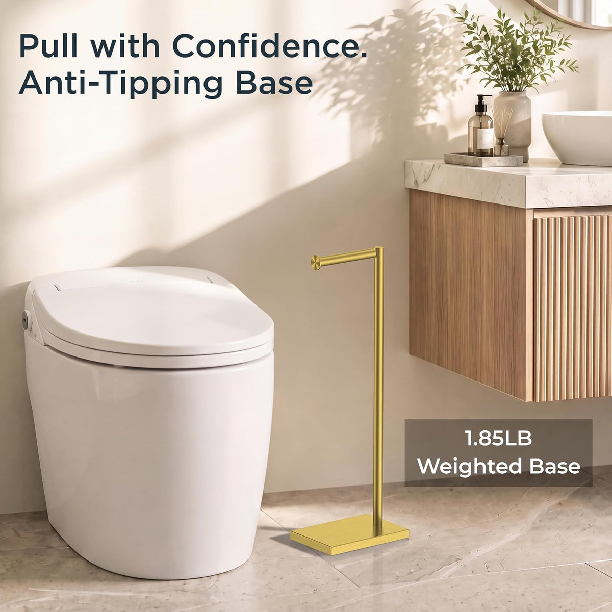 FORIOUS Toilet Paper Holder Stand with Weighted Base, Brushed Gold