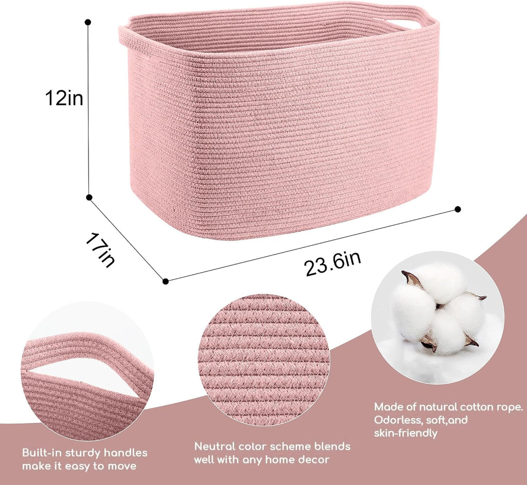 MEGASKET Extra Large Pink Storage Basket, 23.6" x 17" x 12" Rectangle Blanket Basket Living Room, Woven Cotton Rope Basket, Toy Basket Bins, Pink Baskets for Decor, Wicker Baby Laundry Basket