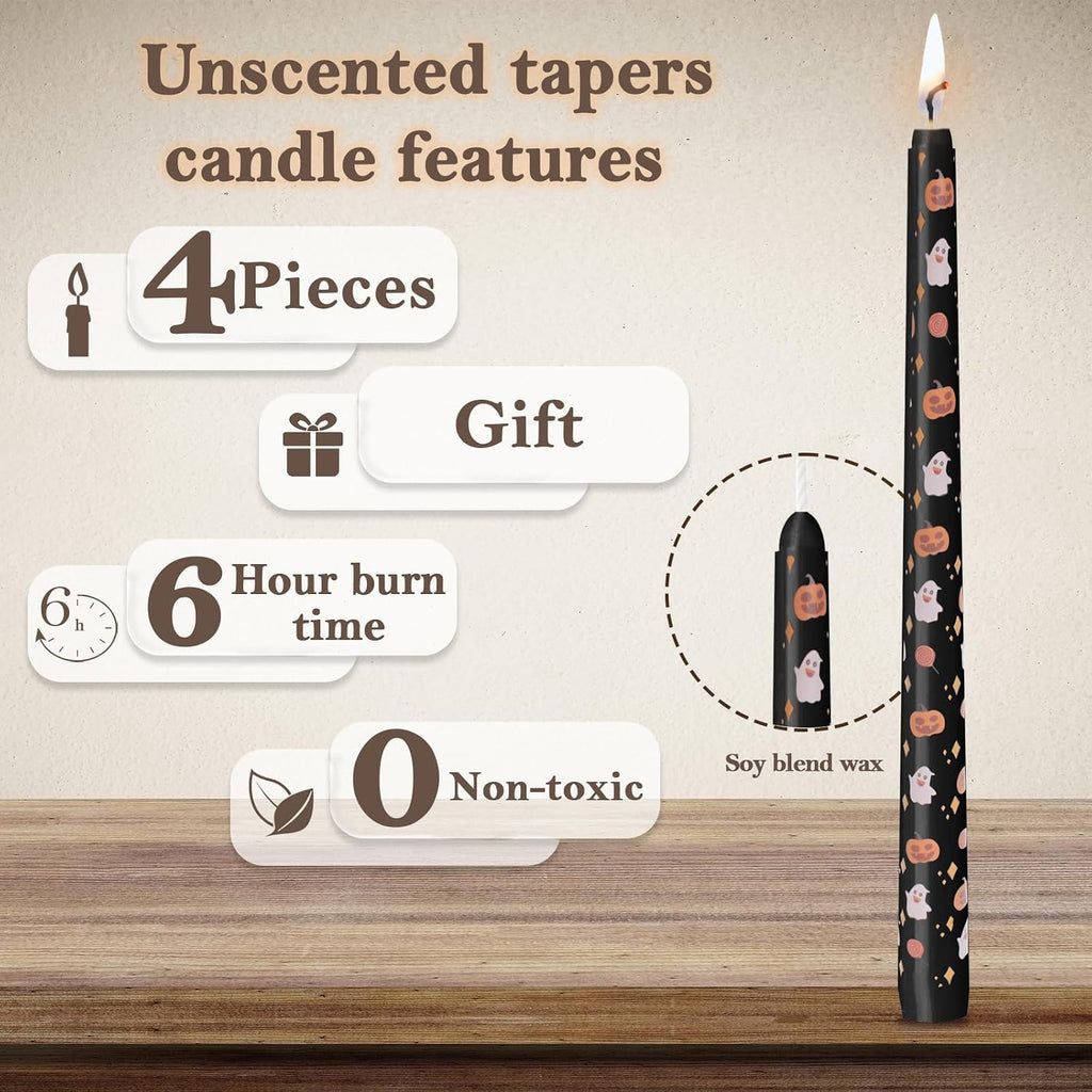 Halloween Candles Set | 4 Pack Printed Floral Candles - Unscented and Smokeless Tall Candlesticks for Home Décor Halloween and Fall Harvest Dinner