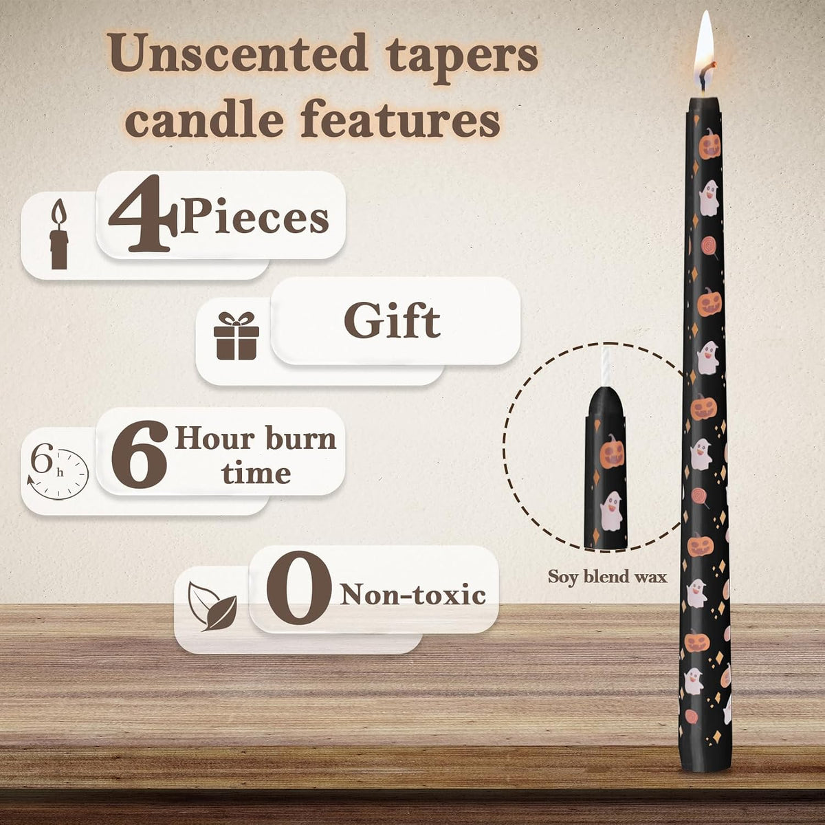 Halloween Candles Set | 4 Pack Printed Floral Candles - Unscented and Smokeless Tall Candlesticks for Home Décor Halloween and Fall Harvest Dinner