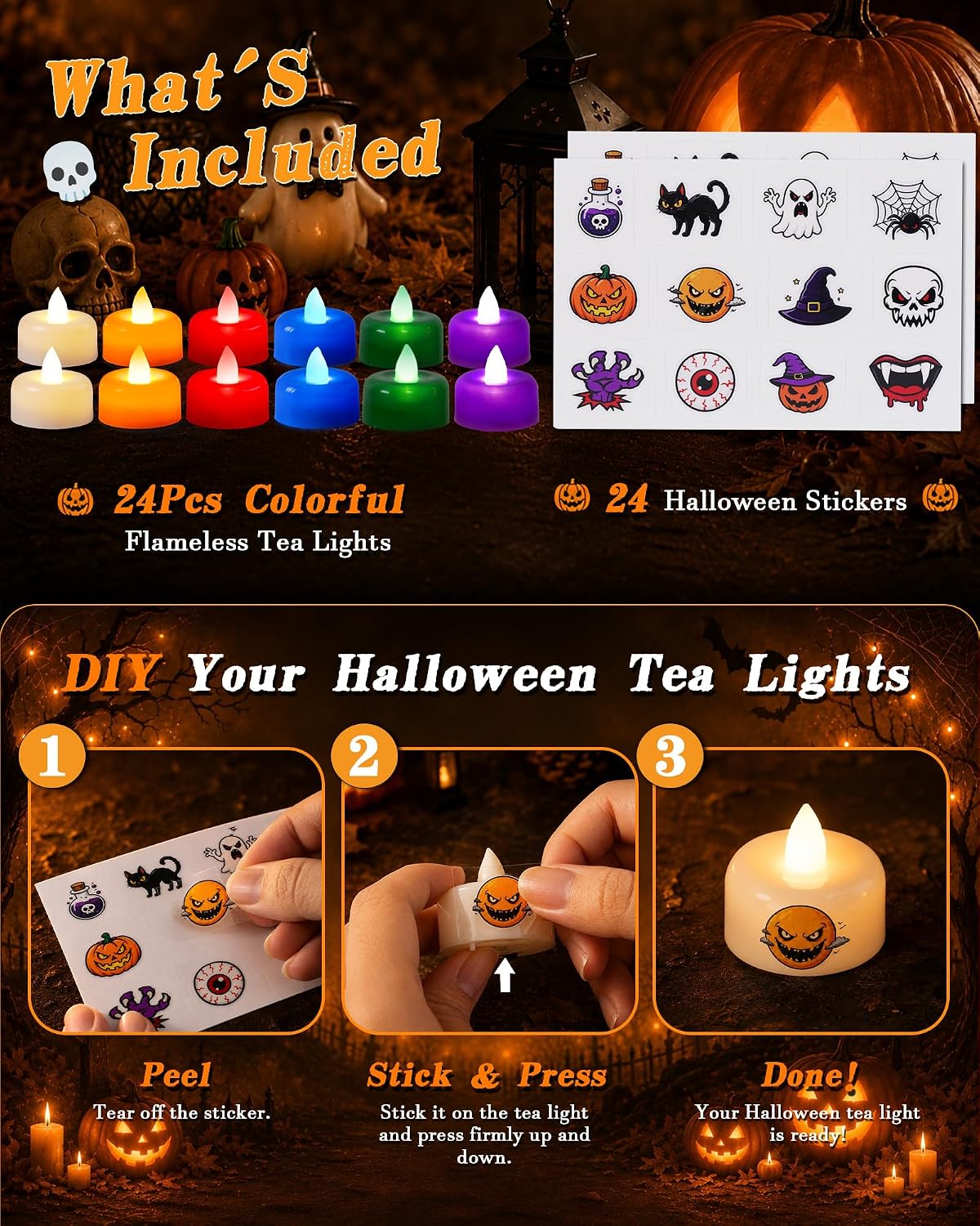 Amagic 24Pack Halloween Multicolor LED Tea Lights Candles with DIY Stickers