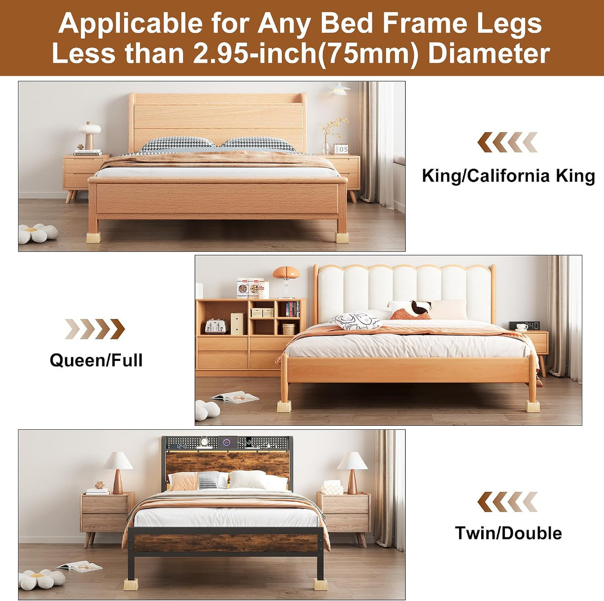 TQVAI Bed Risers Heavy Duty, Support 2200 lbs, 1-in Deep Anti-Fall Edge, 4 Pack Wooden Furniture Bed Lifts Risers with Non-Slip Pads for King Queen Twin Full Size Frame, Original, 3" H(Inner 2" H)