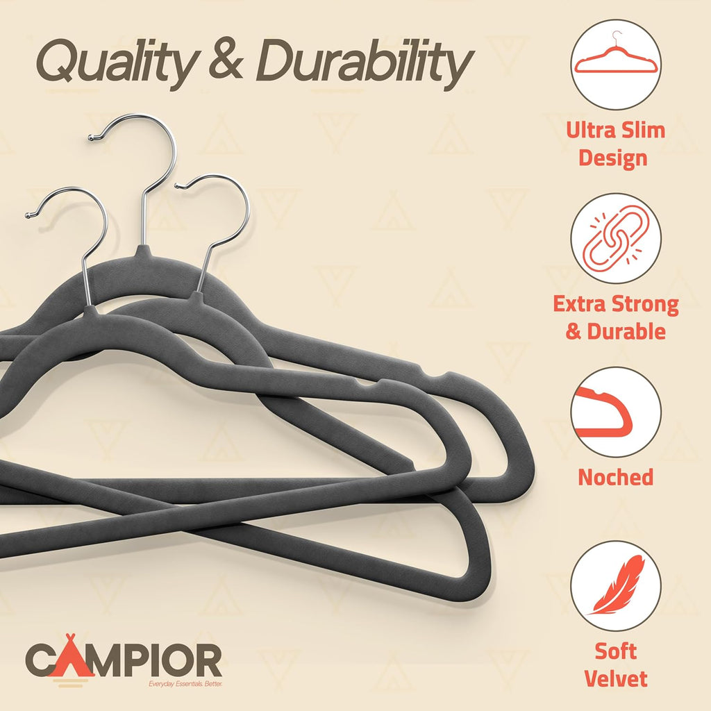 Gray Velvet Hangers 60 Pack – 360° Swivel Hook, Non-Slip and Space Saving Hangers, Heavy-Duty 11 lbs Weight Capacity - Smooth Velvet Finish for Crease-Free Clothes and Effortless Closet Organization